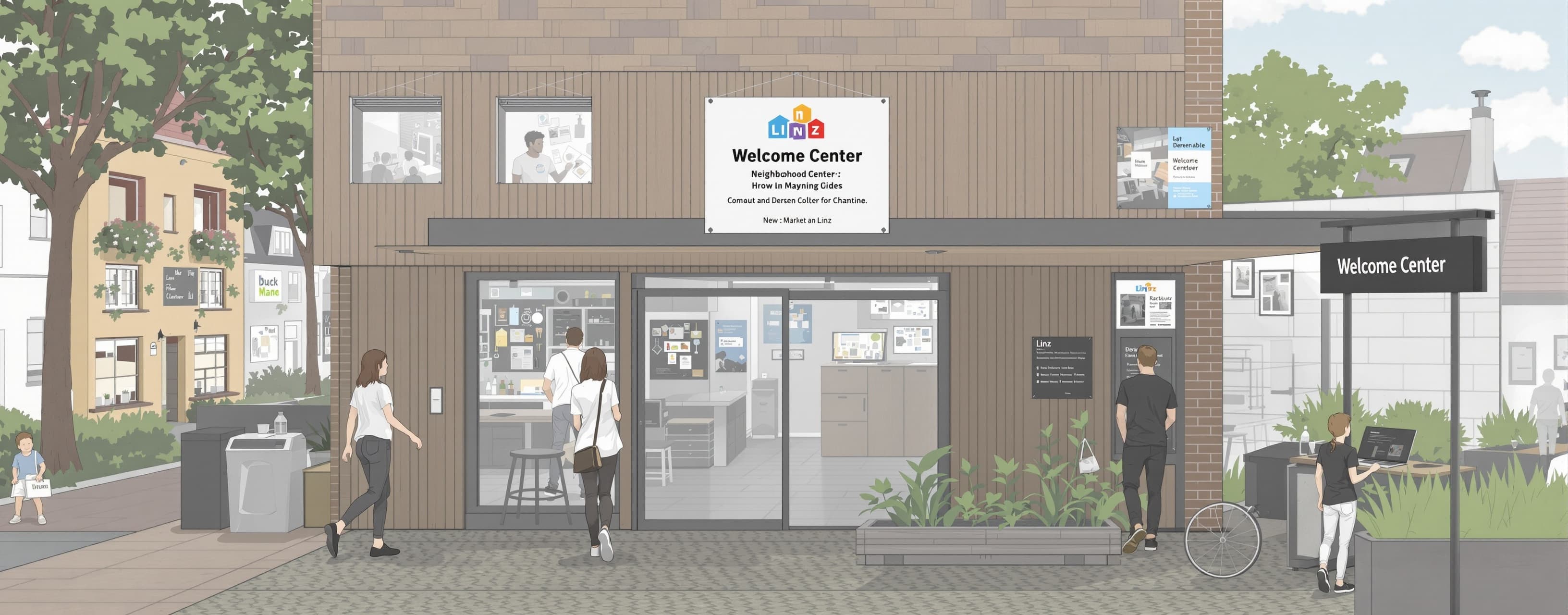 Design a neighborhood welcome center for Linz. Mock up the s...