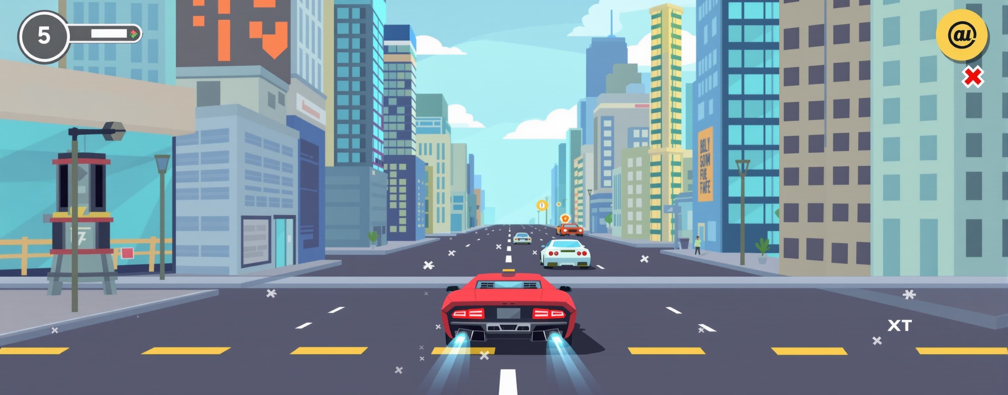 Create a fun arcade racer in JS. The game should be set in a...