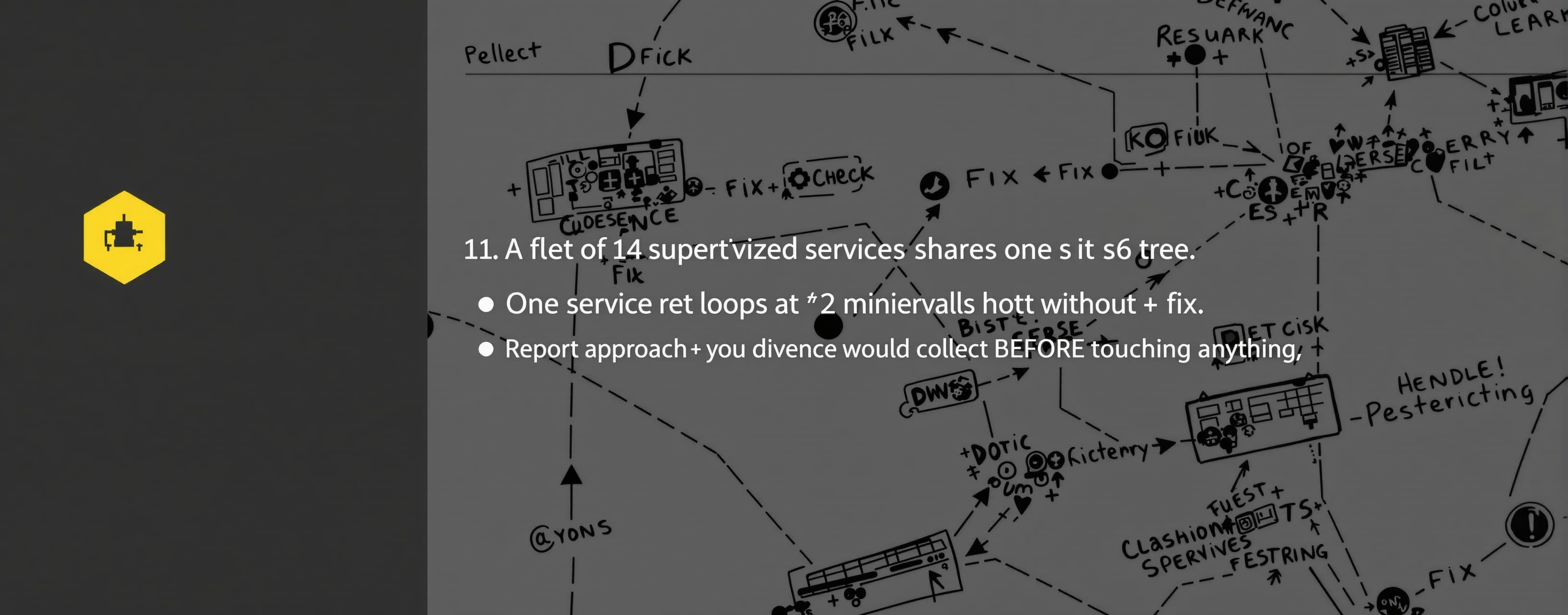 A fleet of 14 supervised services shares one s6 tree. One se...