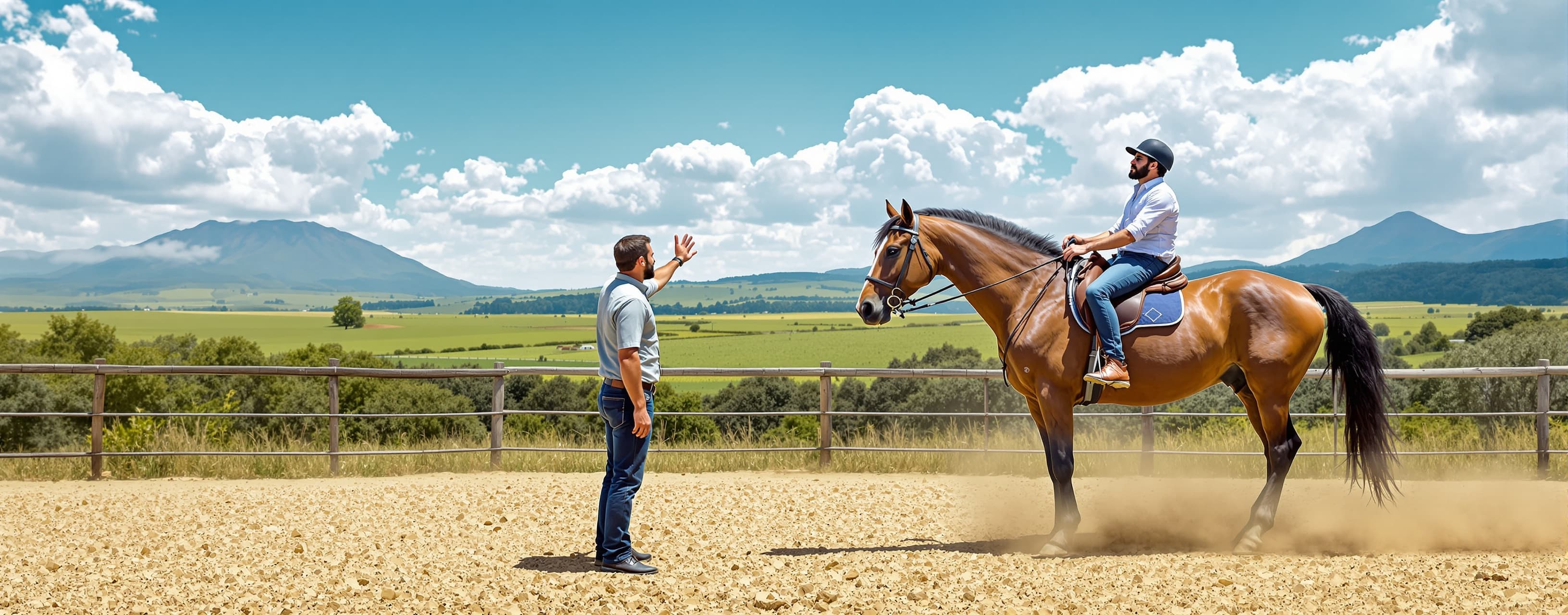 Create  photorelatic world of man at horse explaining abou m...