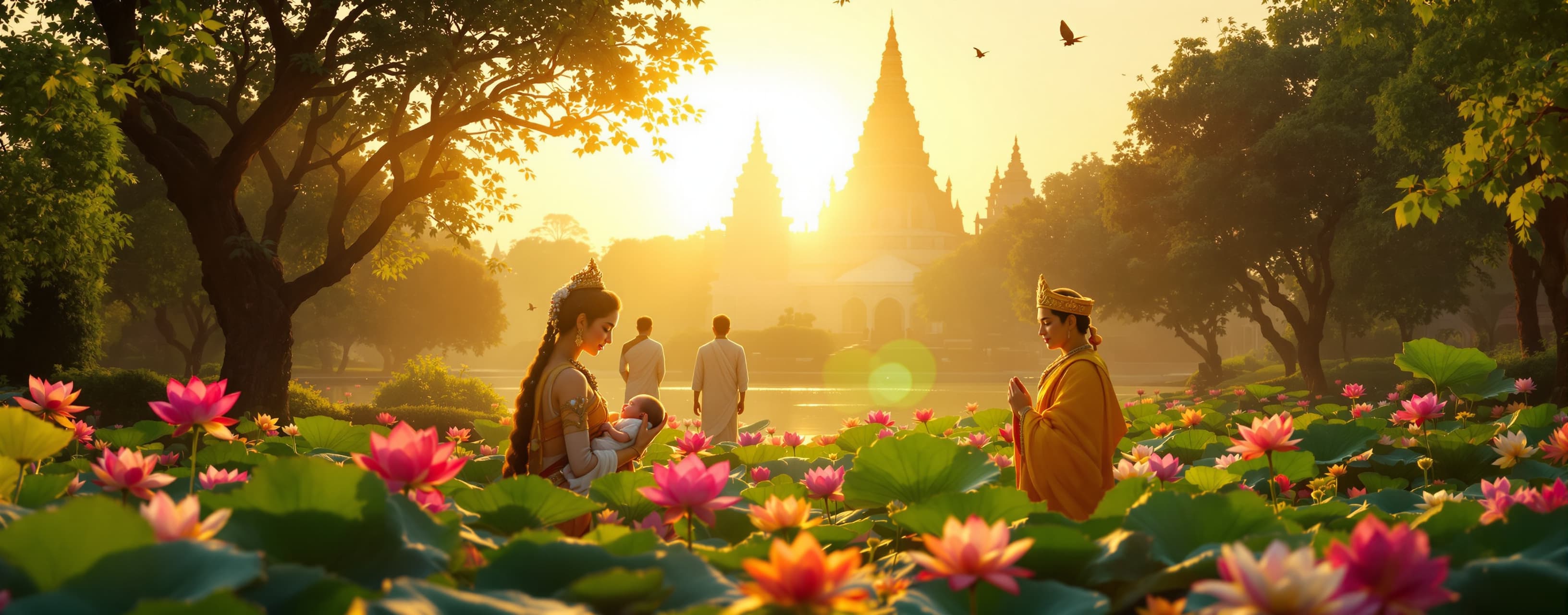 Ancient India, Lumbini at sunrise. Queen Maya lovingly holdi...