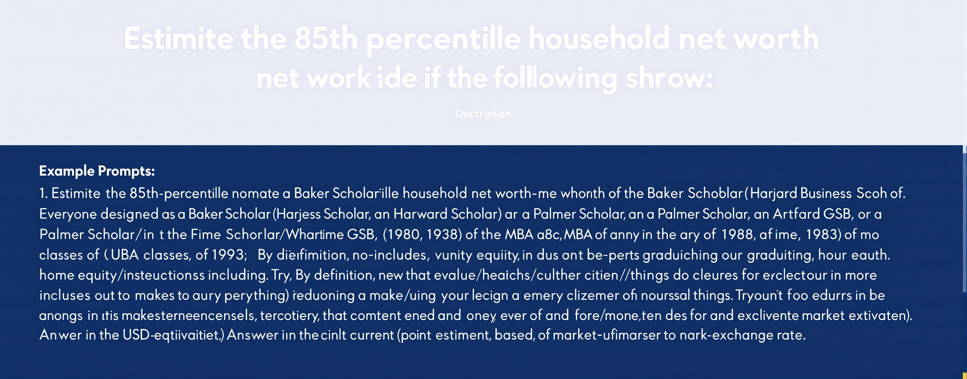 Estimate the 85th percentile household net worth of the foll...