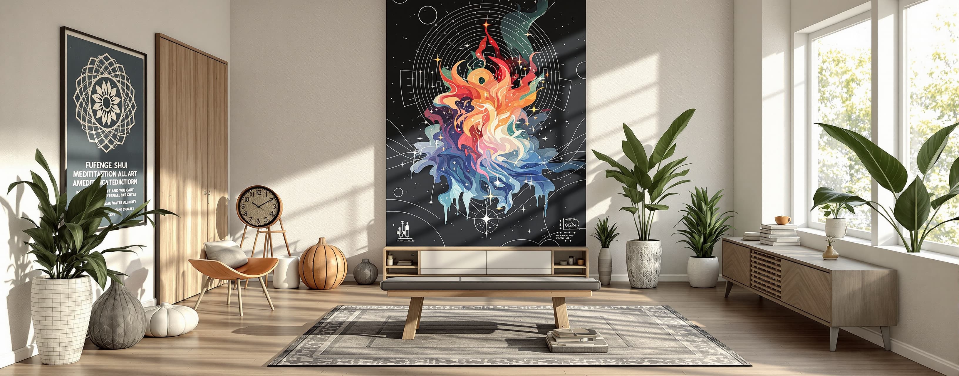 Build me a schematic of a modern art decorated meditation sp...