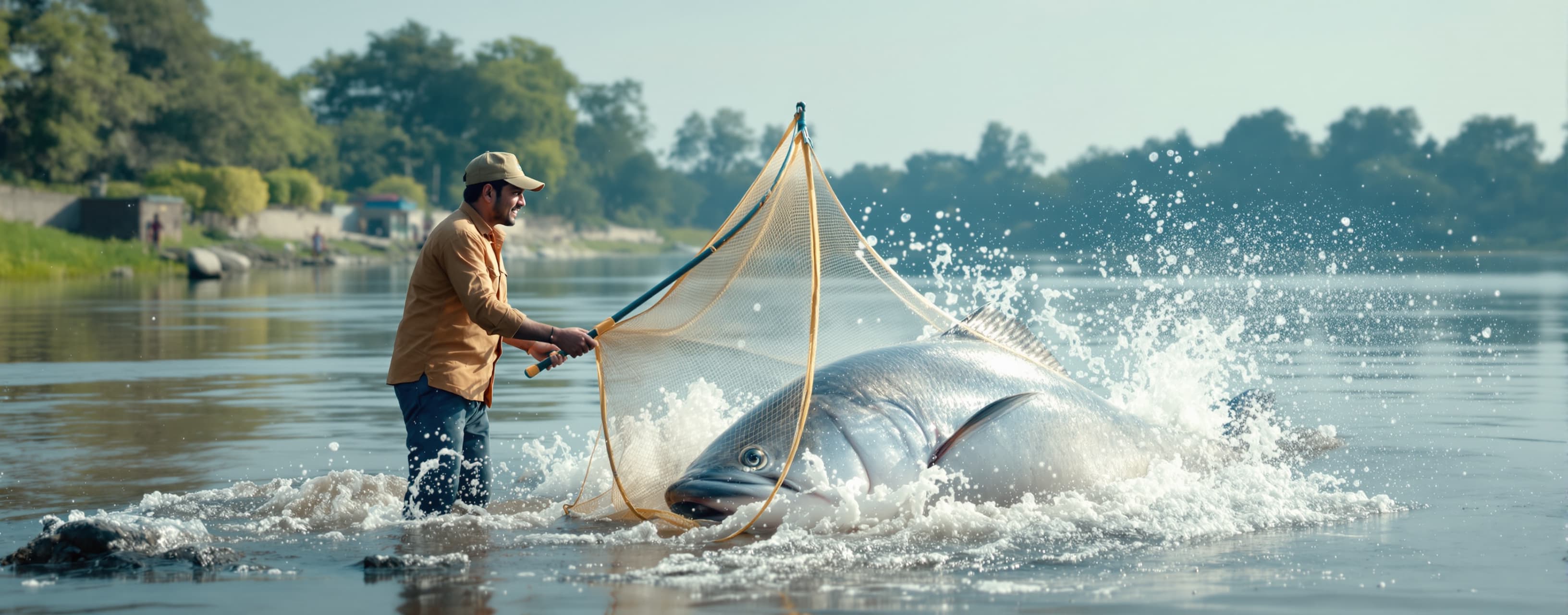 Create a realistic, cinematic video of a cheerful fisherman ...