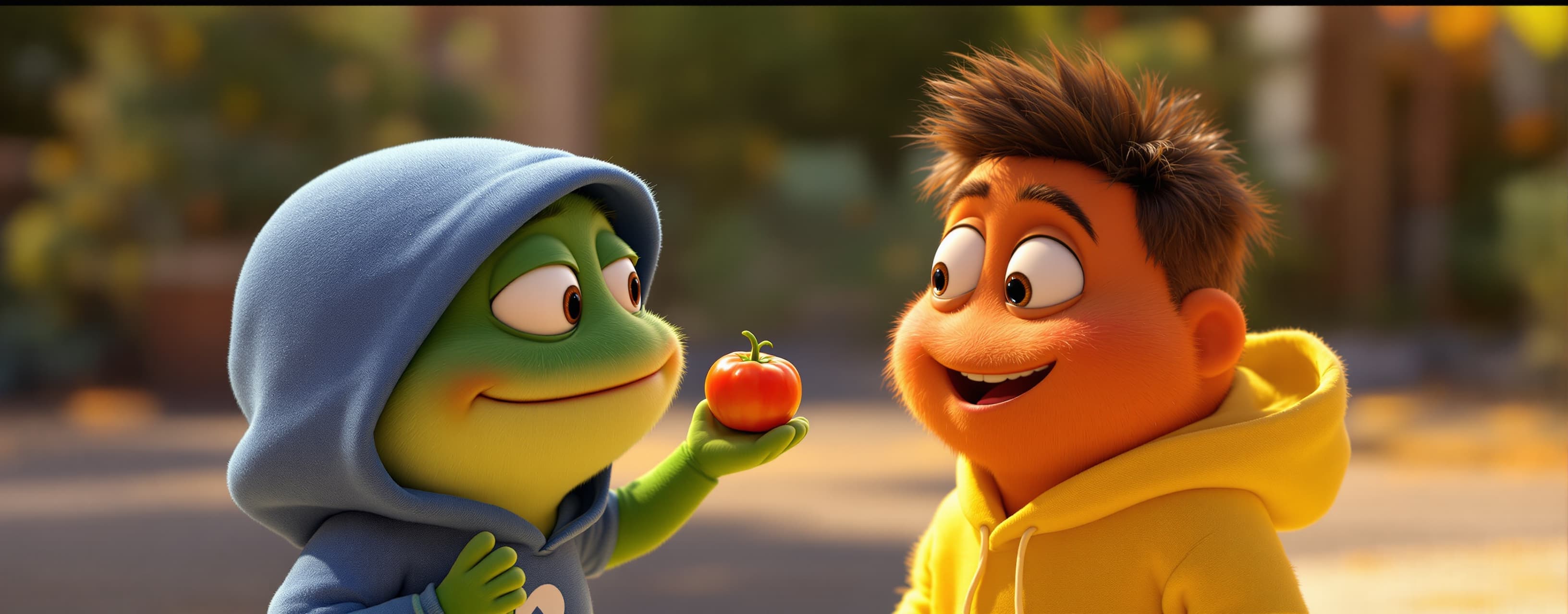 Ein niedlicher grüner Frosch mit blauem Hoodie hält einen kl...