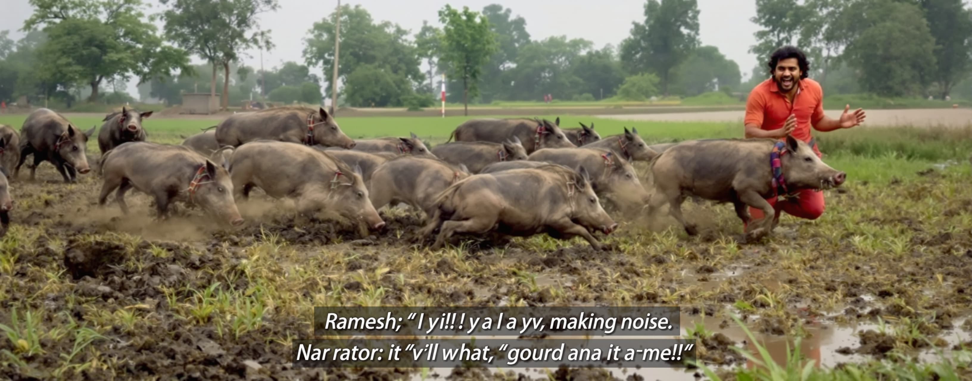 Video Prompt
Boars running through muddy field, father shout...