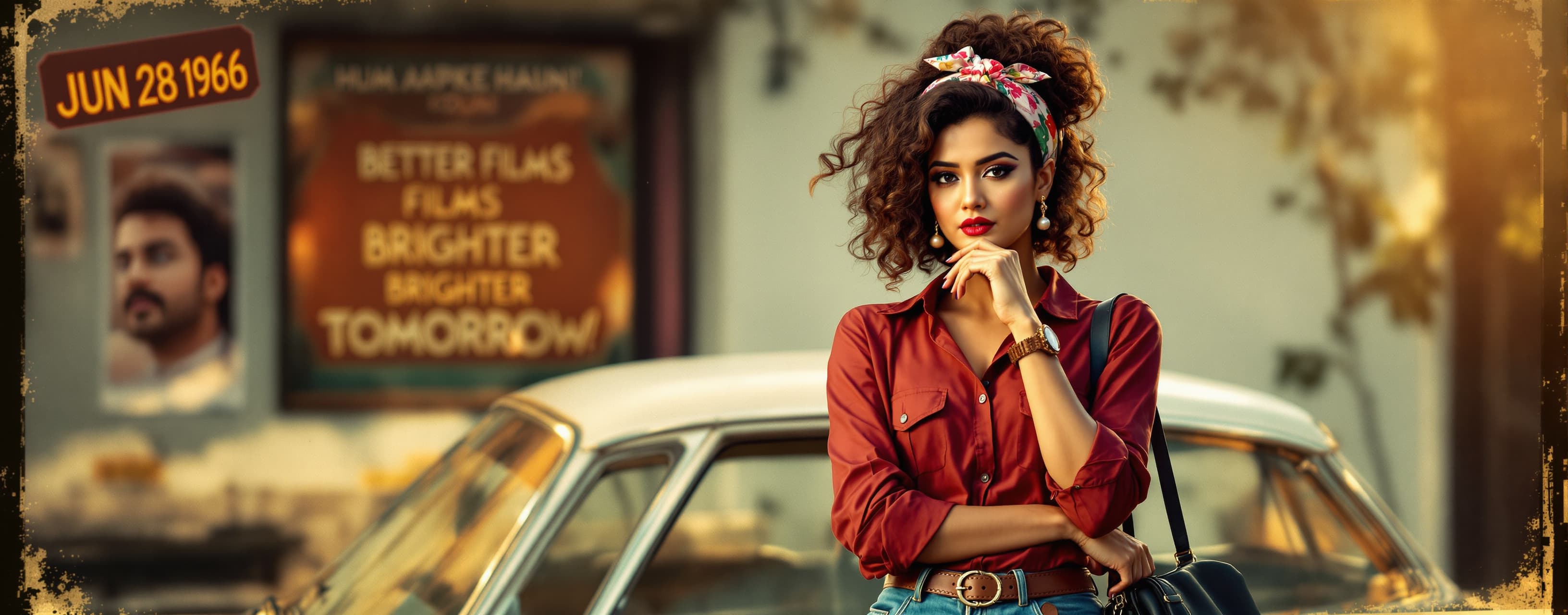 a young woman with voluminous curly brown hair styled in mes...