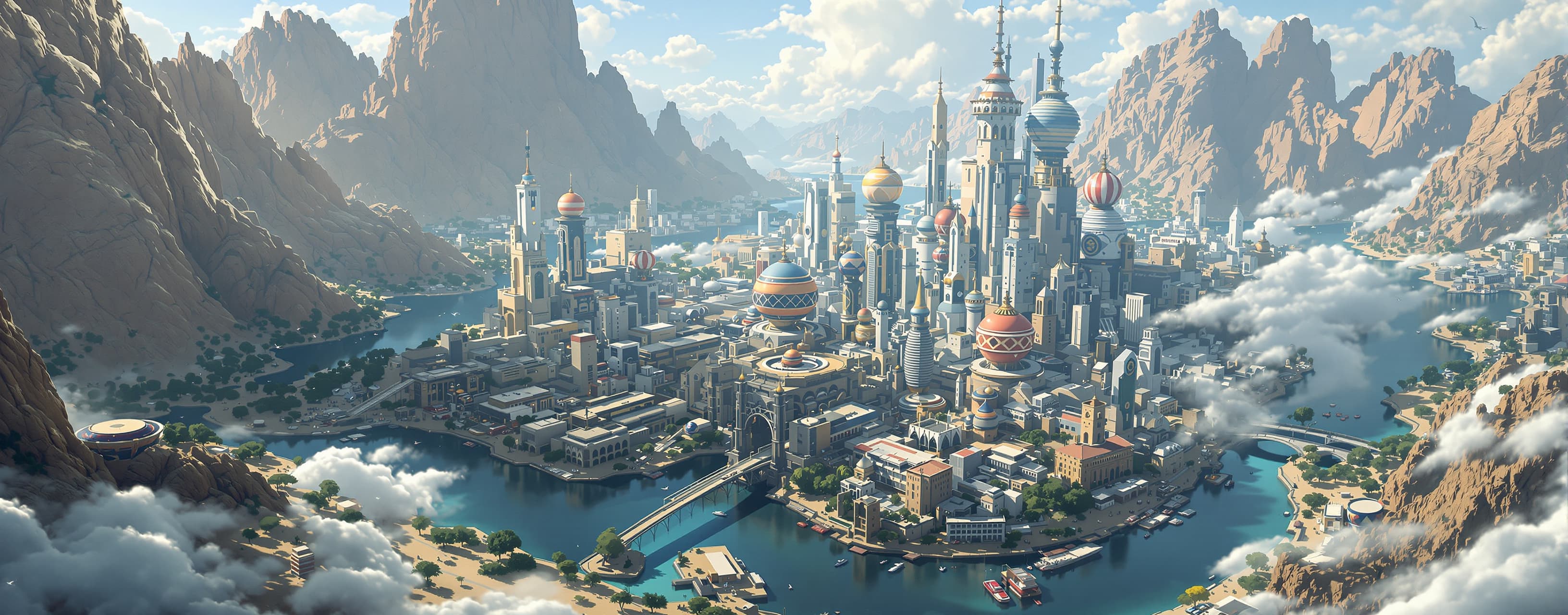 make a frutiger areo city with npc, terrain, lakes, rivers, ...