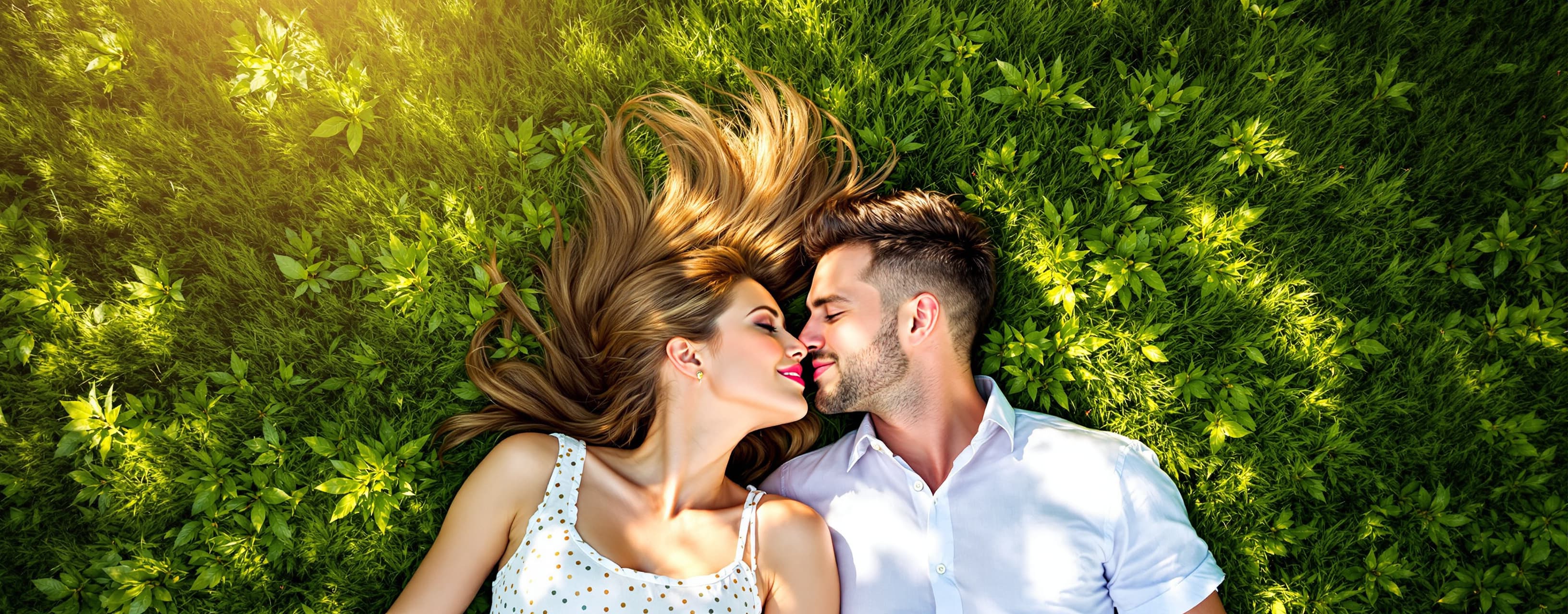 .A top-down view of a couple lying on lush green grass with ...