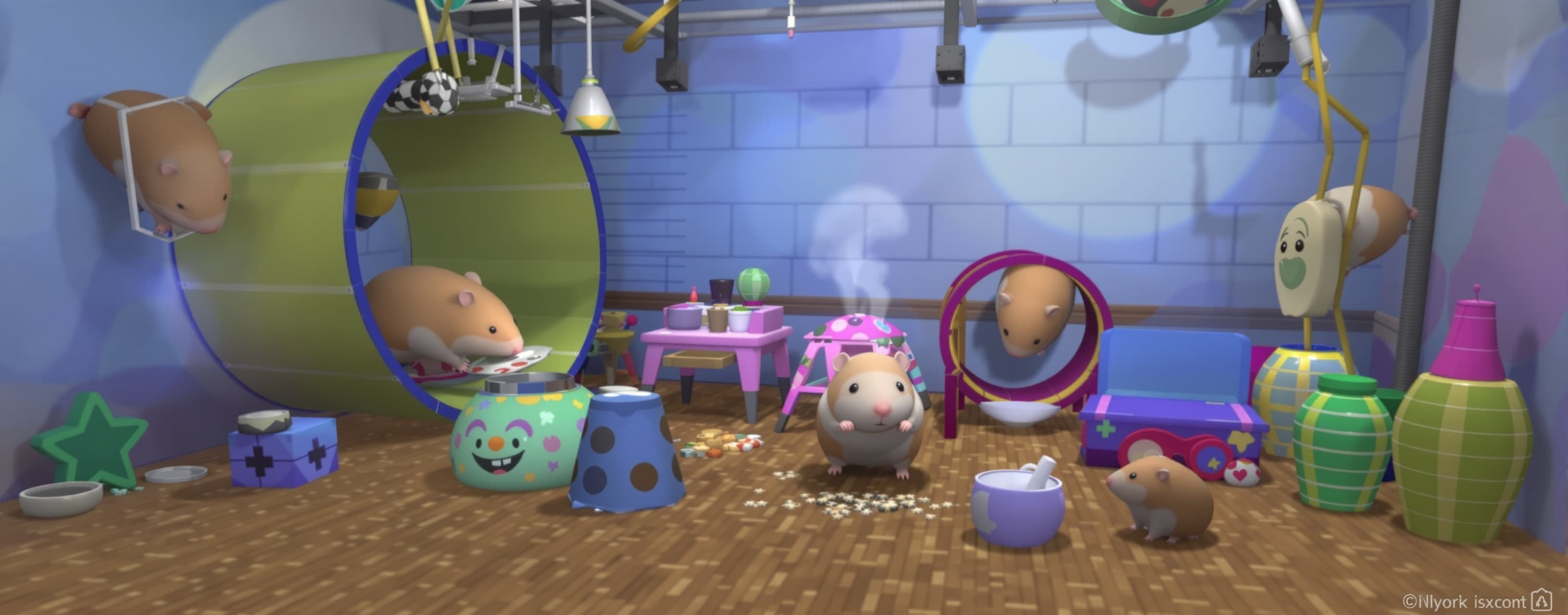 Create a 3D hamster cage simulation with multiple autonomous...