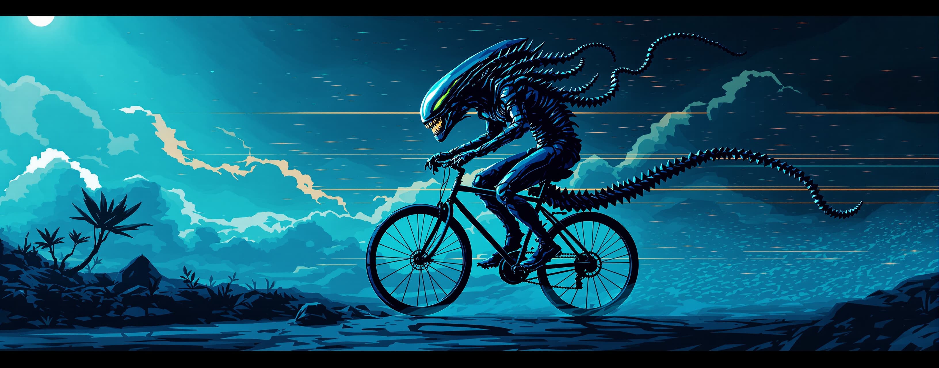 Xenomorph ride bicycle, animated with parallax. You should c...
