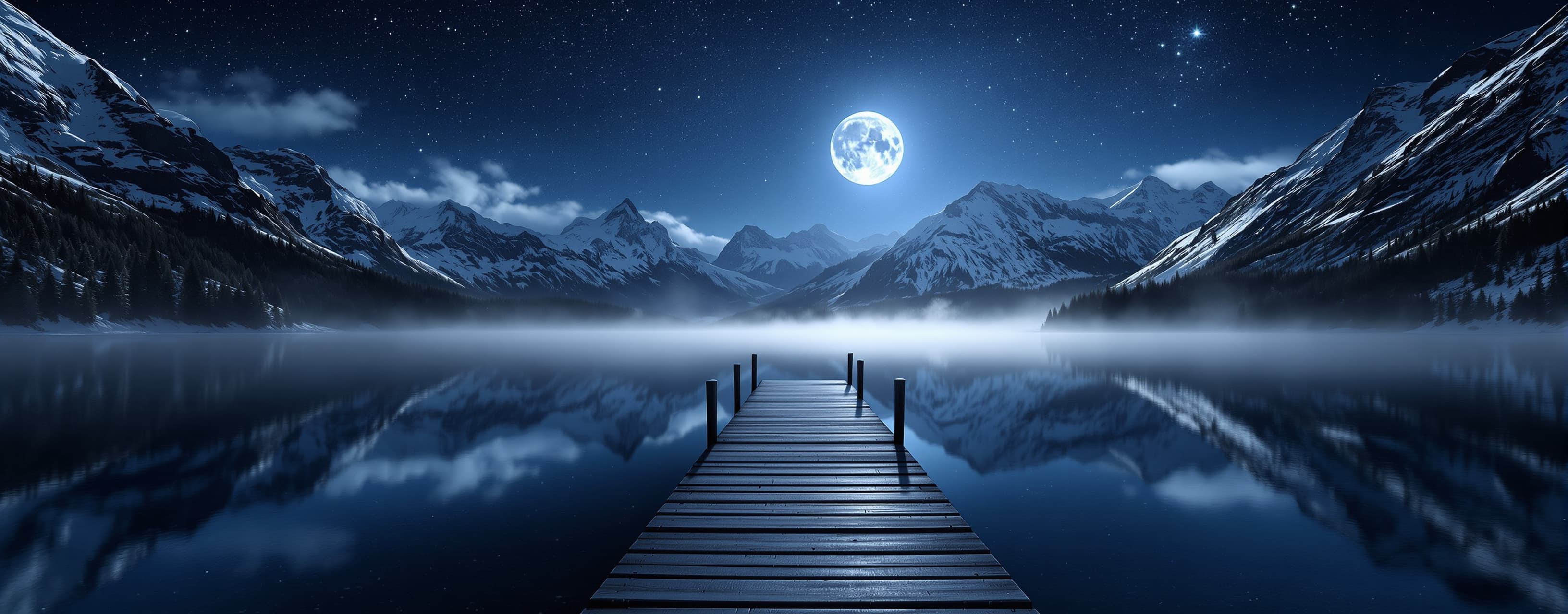 An enormous alpine lake at midnight, perfectly still water r...