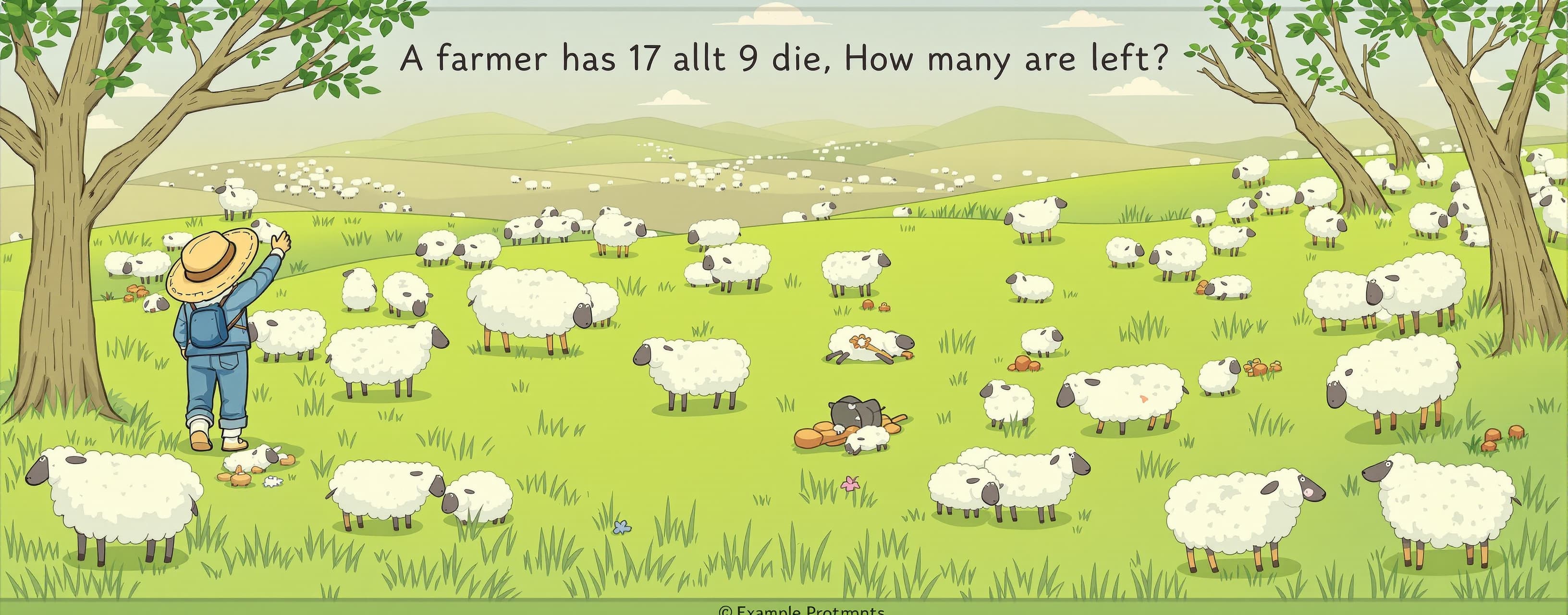 A farmer has 17 sheep. All but 9 die. How many are left? Exp...