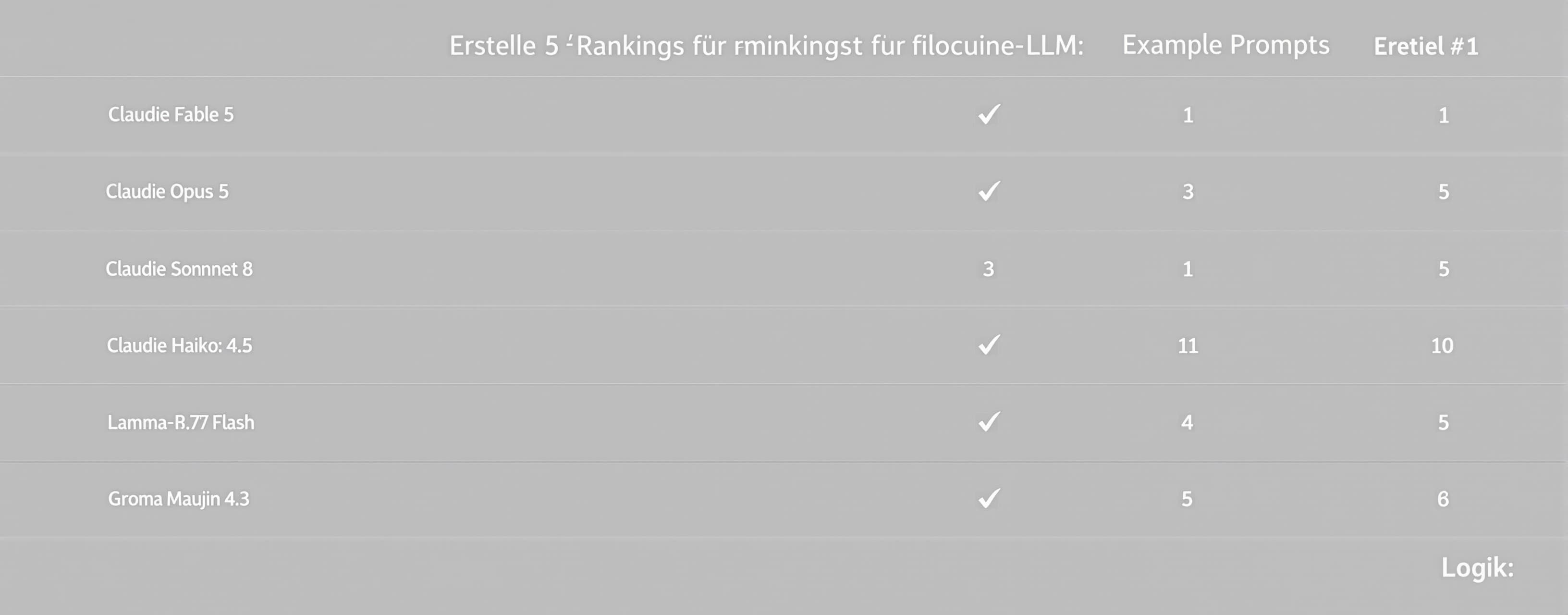 Erstelle 5 Rankings für folgende LLM:
Claude Fable 5, Claude...