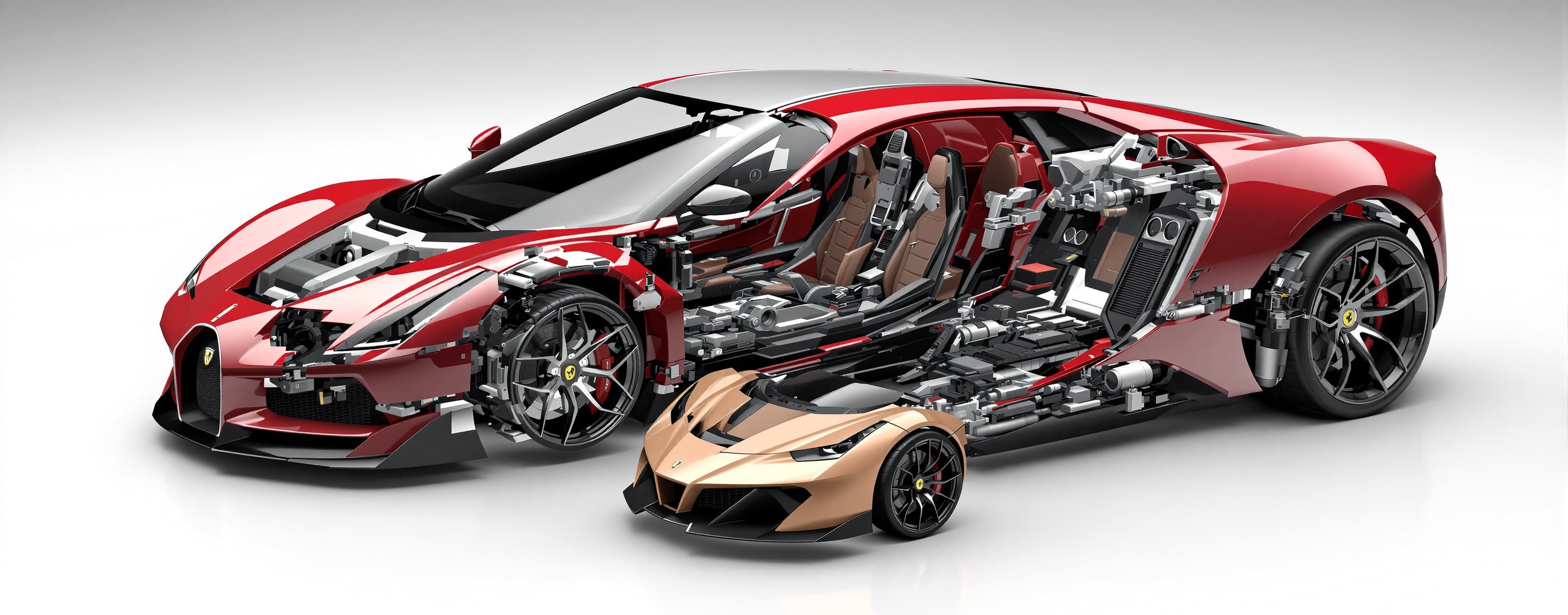 a 3d car with 2 buttons 1 dissembles the car in a smooth ani...