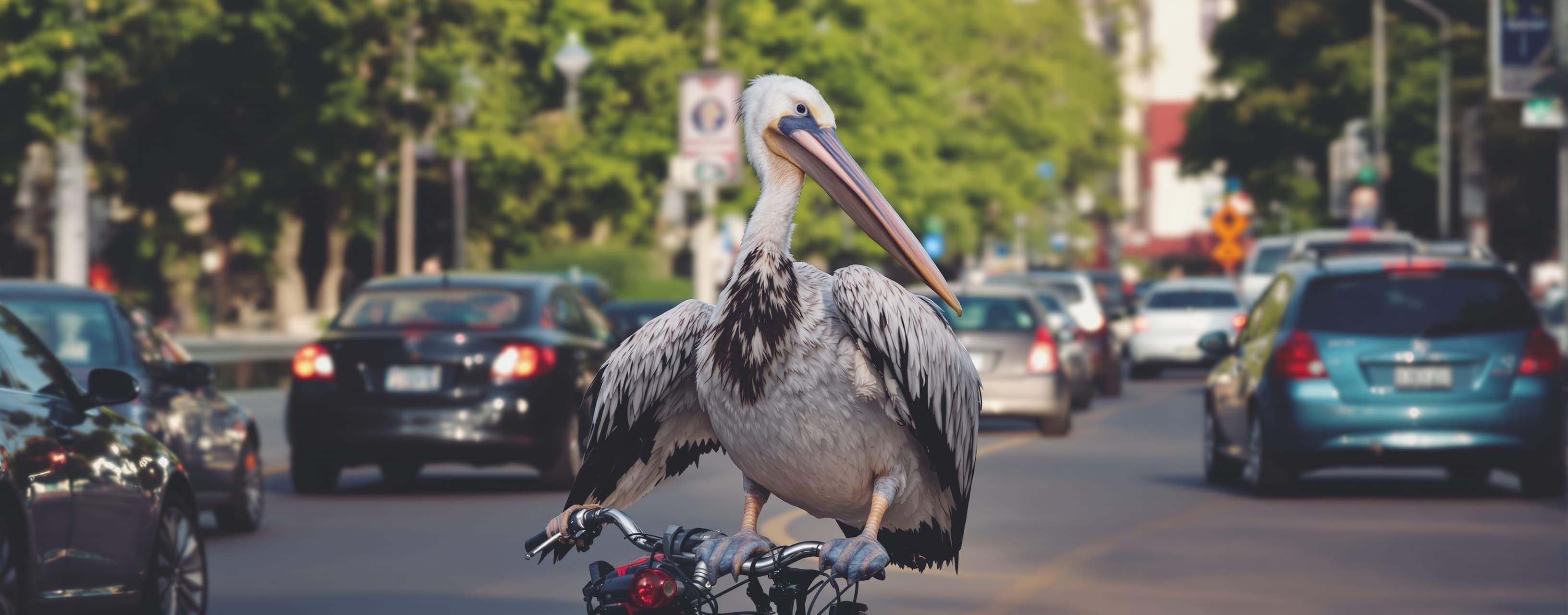 a pelican on a bike with traffic