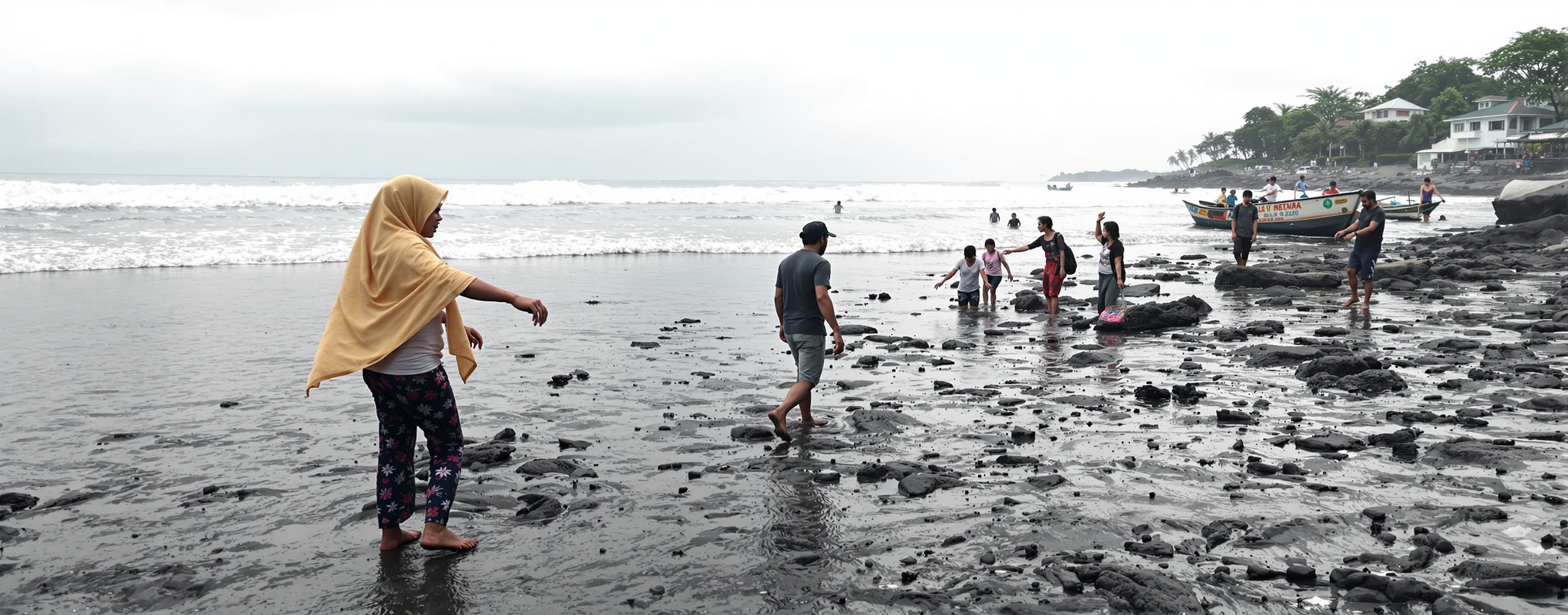 wanita indonesia 37 tahun berjalan di pantai menggunakan hak...