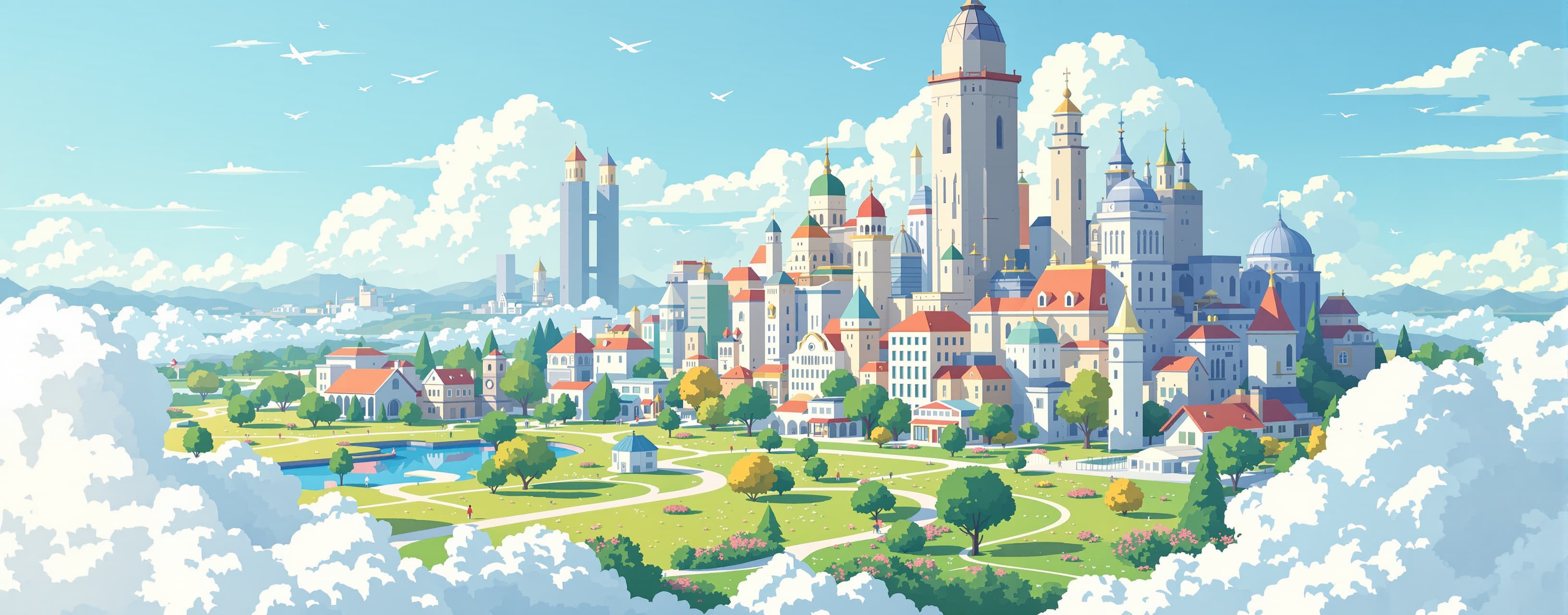 Make a frutiger areo style city, add textures , colors,sound...