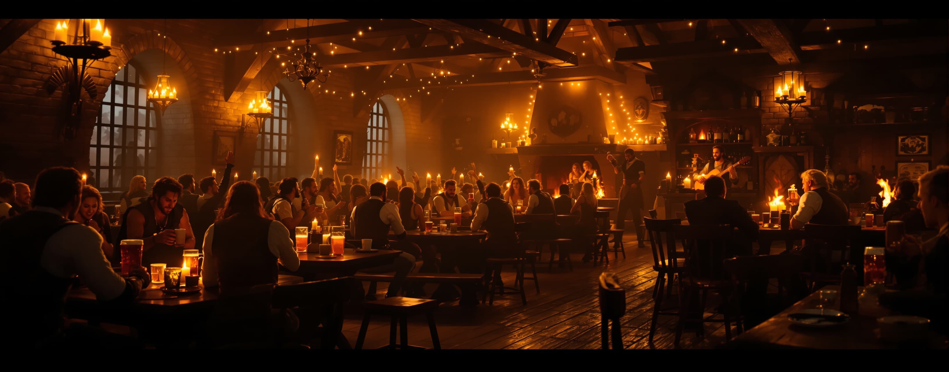 A lively medieval tavern interior at night, 
warm golden can...