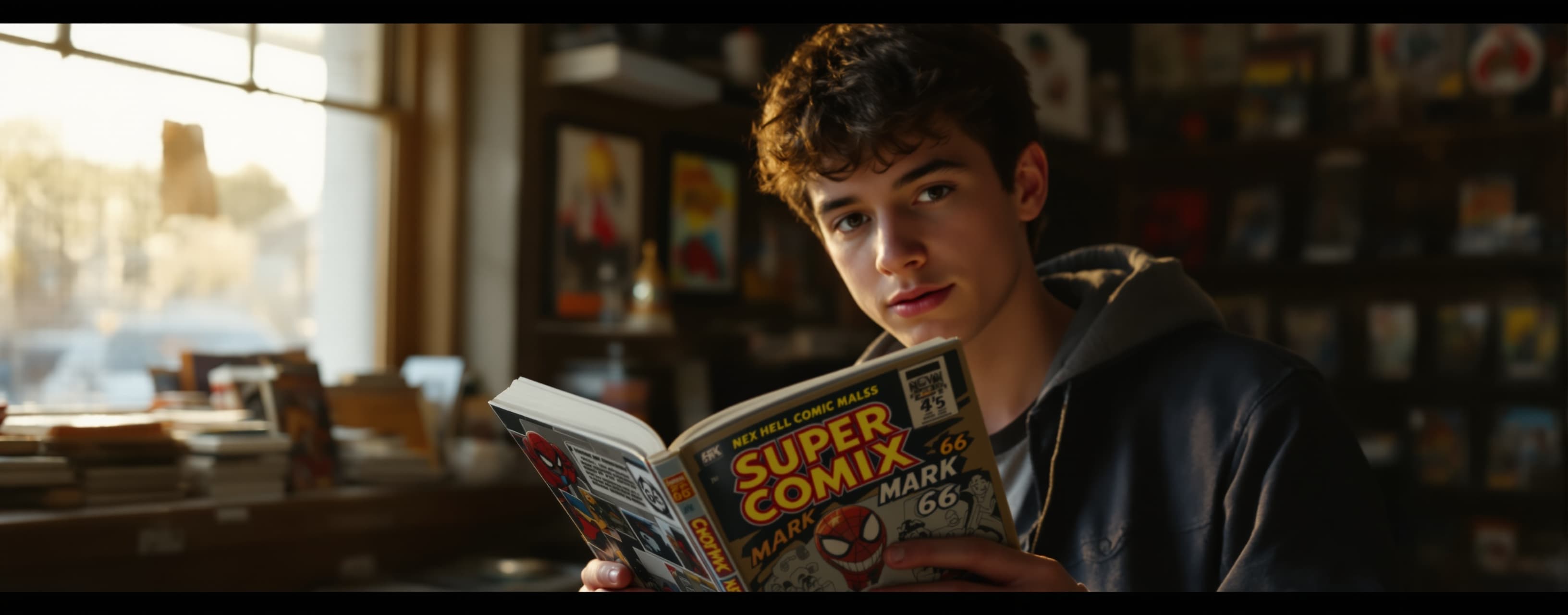 Cinematic close-up shot, teenage Peter Parker wearing a high...