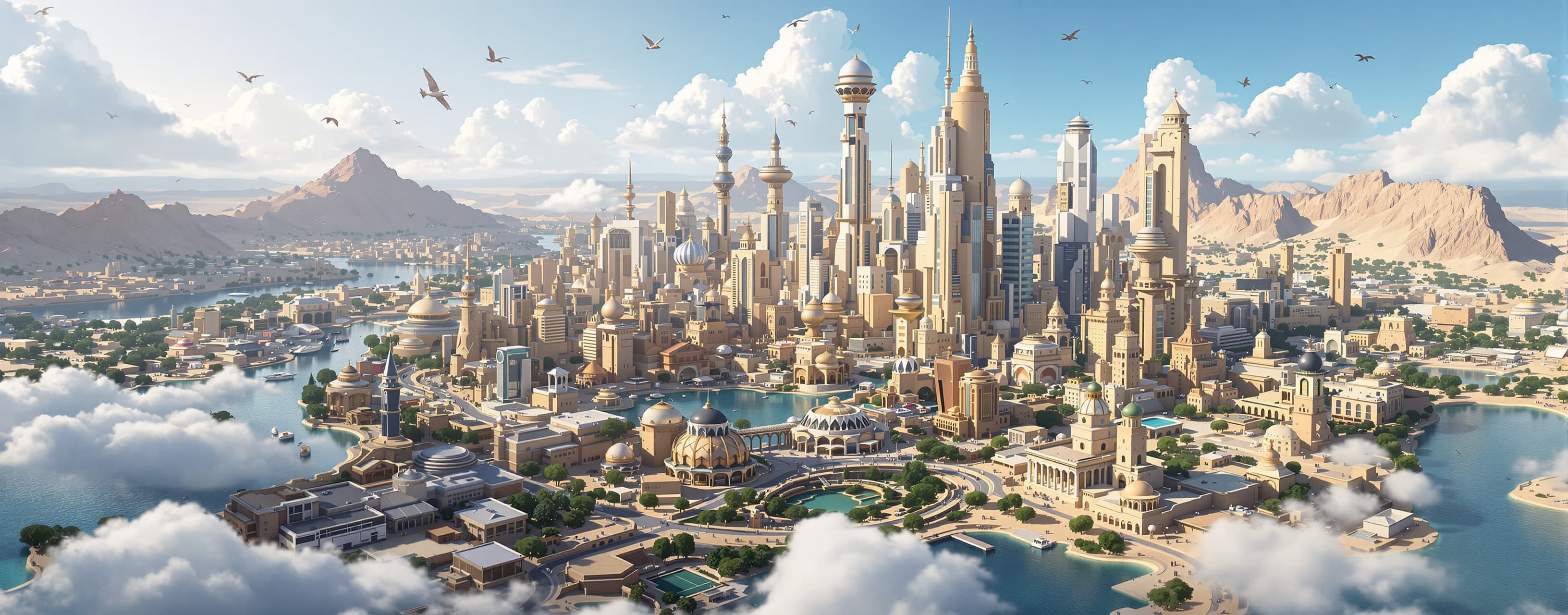make a frutiger areo city with npc, terrain, lakes, rivers, ...