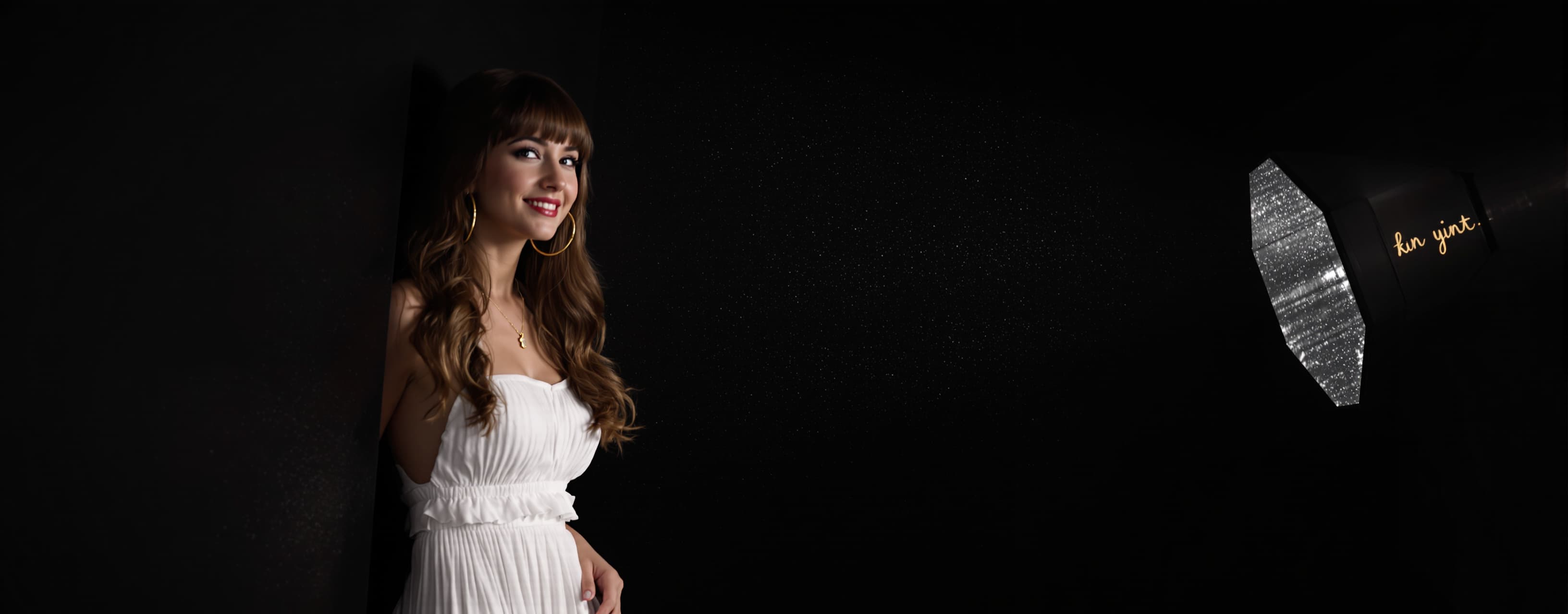 A young woman with long wavy brown hair and bangs stands in ...