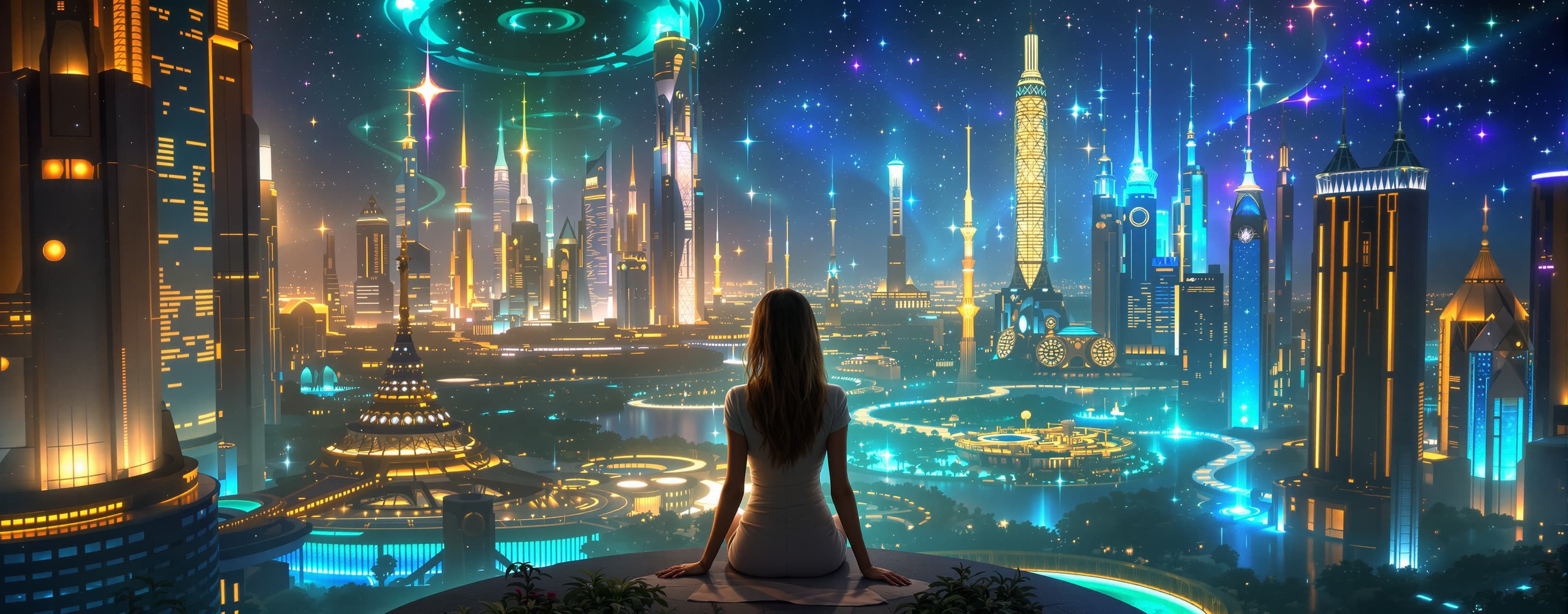 A young woman is overlooking and using her glowing singulari...