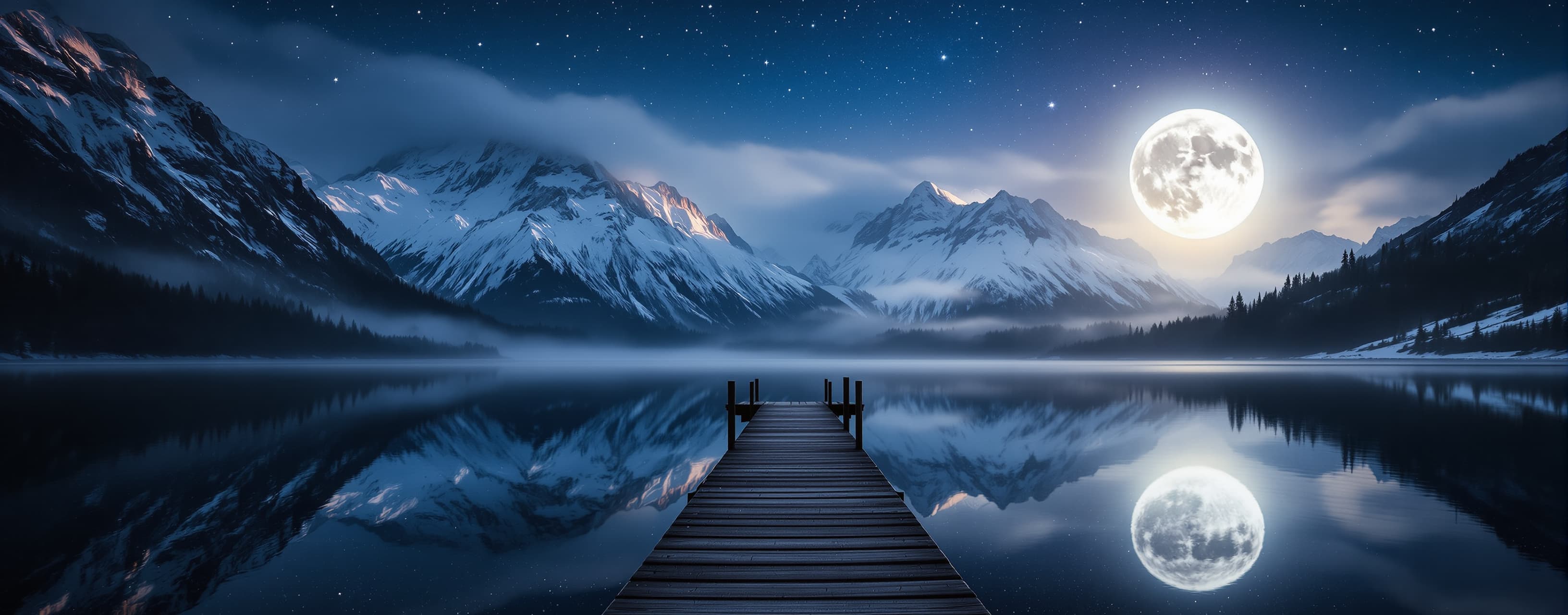An enormous alpine lake at midnight, perfectly still water r...