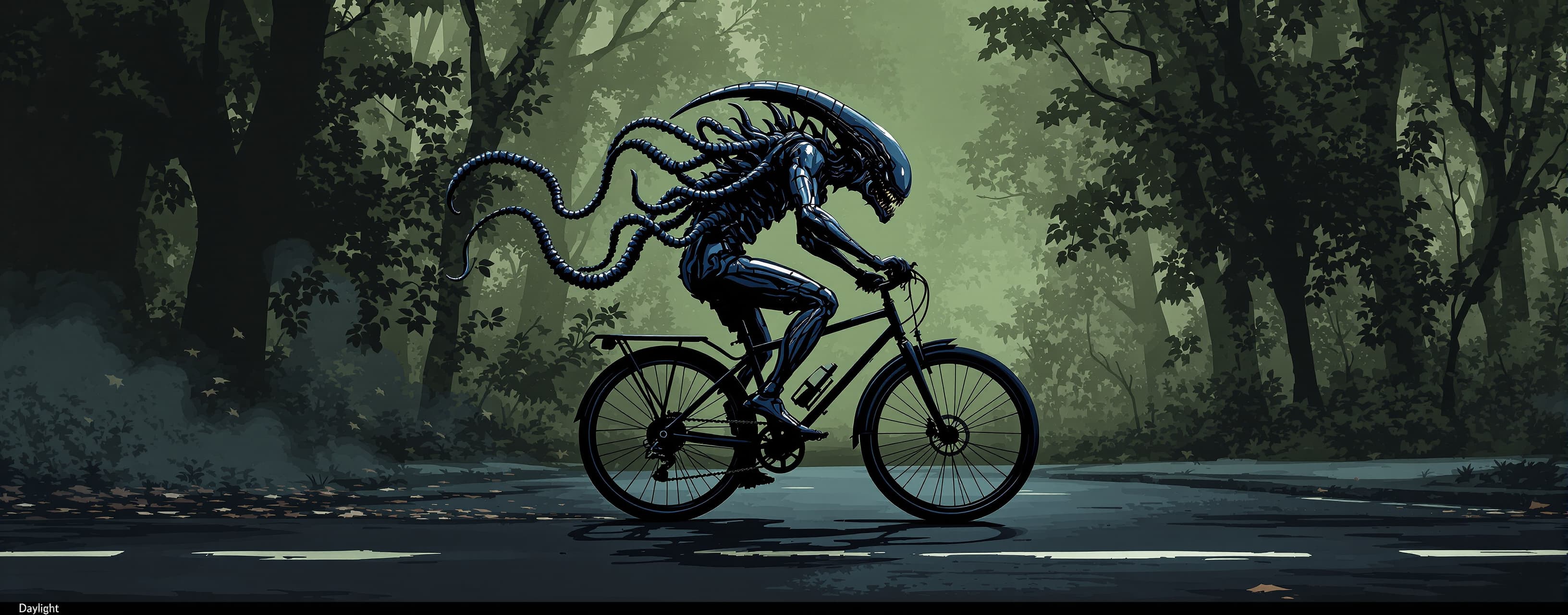 SVG. Xenomorph ride bicycle, animated with parallax. You sho...