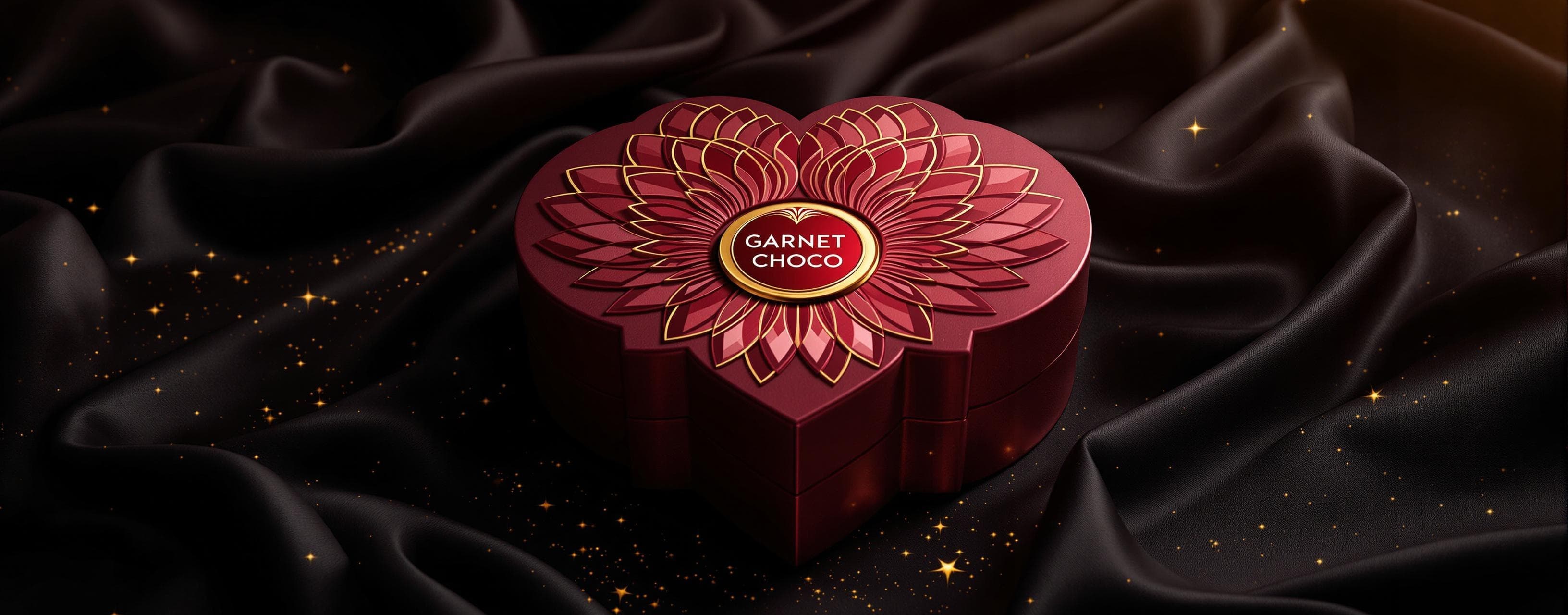 Prompt: "A luxurious, futuristic chocolate box design for ‘GARNET CHOCO’, shaped unlike any traditional market boxes — inspired by the elegance of a phoenix and a heart-shaped garnet gemstone. The box has a smooth, sculpted 3D surface with layered wing patterns embossed in deep burgundy and gold accents, giving a royal and premium feel. The lid opens in a unique petal or wing-spread motion, revealing individually wrapped chocolates in jewel-like compartments. The center of the lid features the Garnet Choco round logo in metallic gold and ruby red, glowing softly. The box should have an ultra-premium, limited-edition vibe with a mix of matte velvet texture and glossy gemstone highlights, photographed in dramatic studio lighting against a dark silk background with golden sparkles."