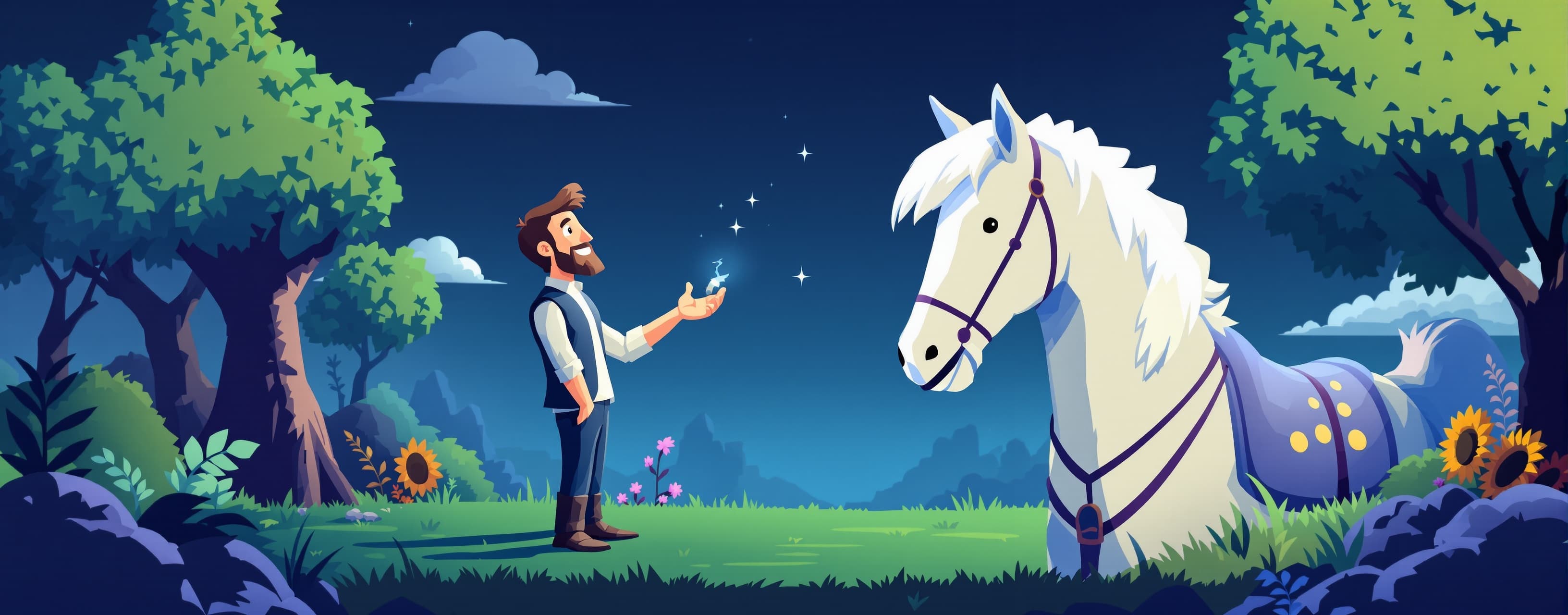 Create animatiom world of man at horse explaining about mana...