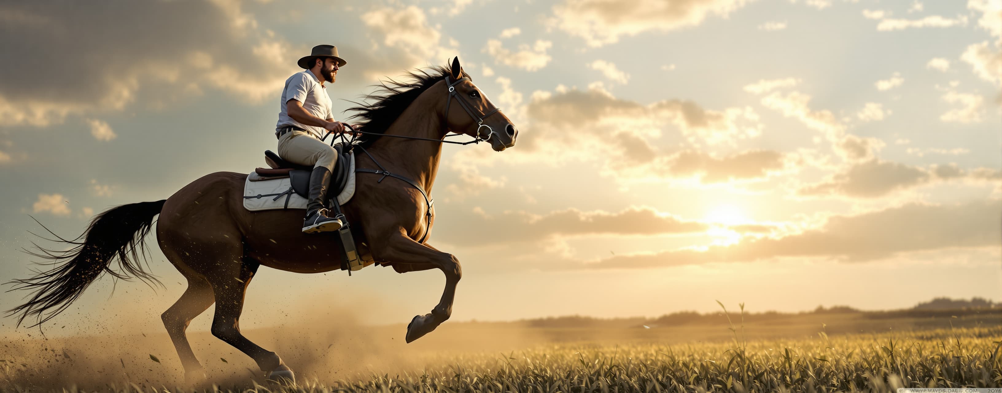 Create a animation of man ridining horse photorealstic cinem...