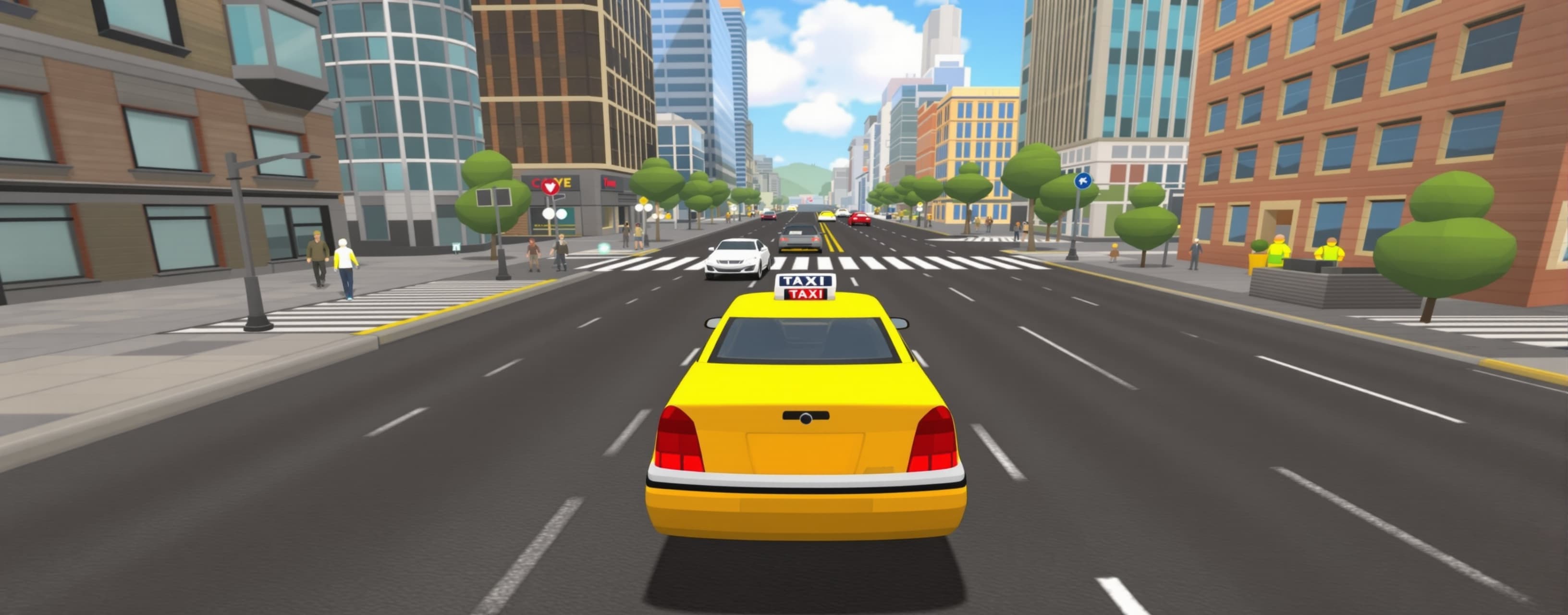 Build a complete playable 3D taxi-driving game that can be l...