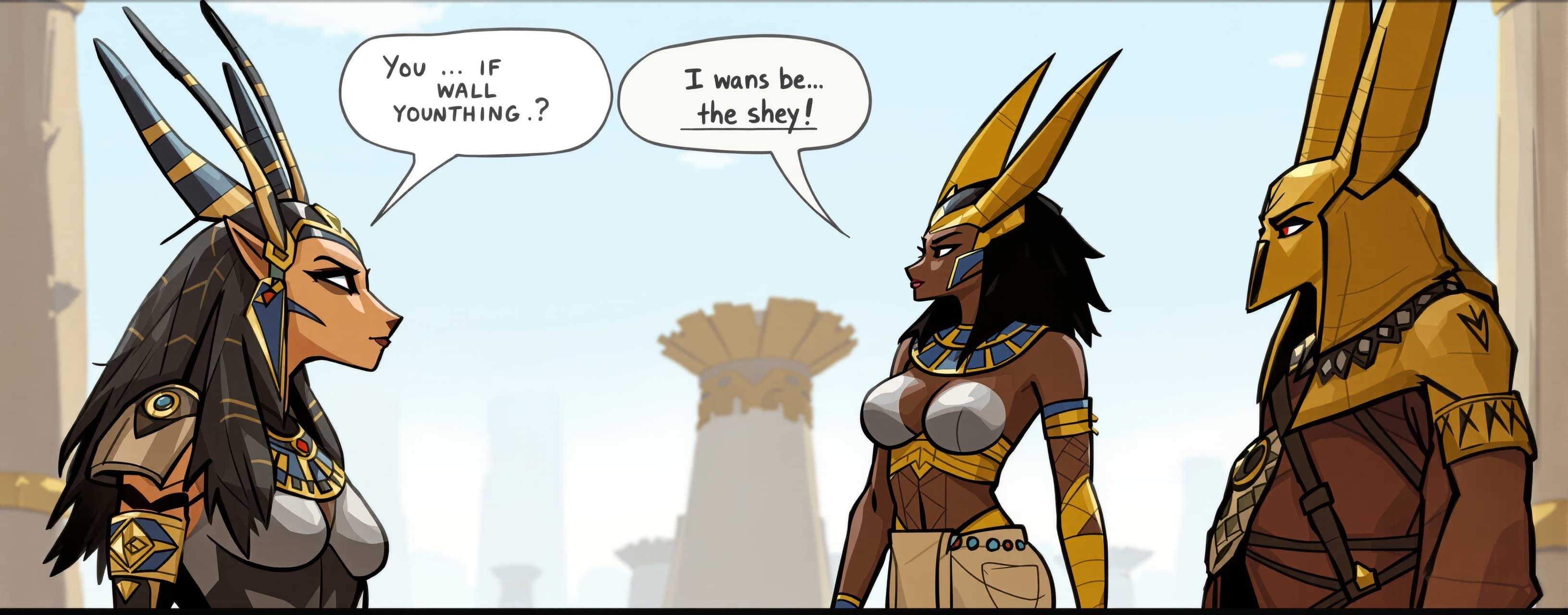 Create a video game where A female Anubis and a female Ra (n...