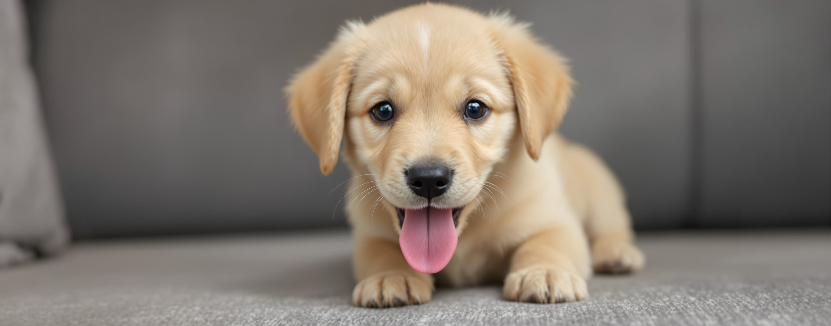 "This is a small puppy with light yellow fur, a cute face, a...