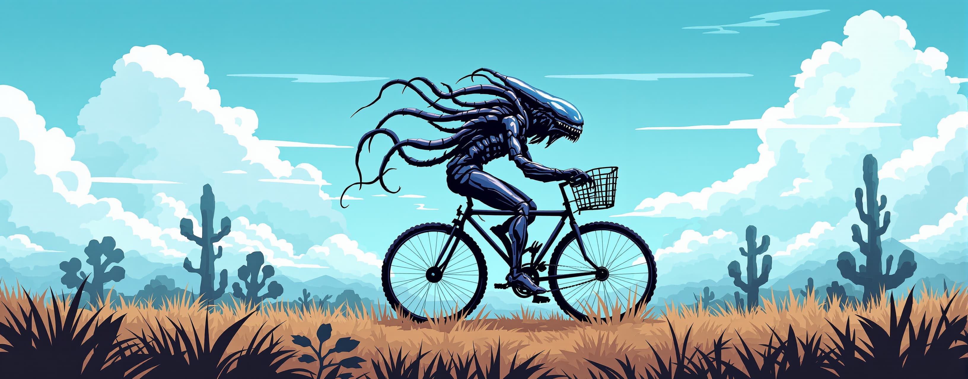 SVG: Xenomorph ride bicycle, animated with parallax. You sho...