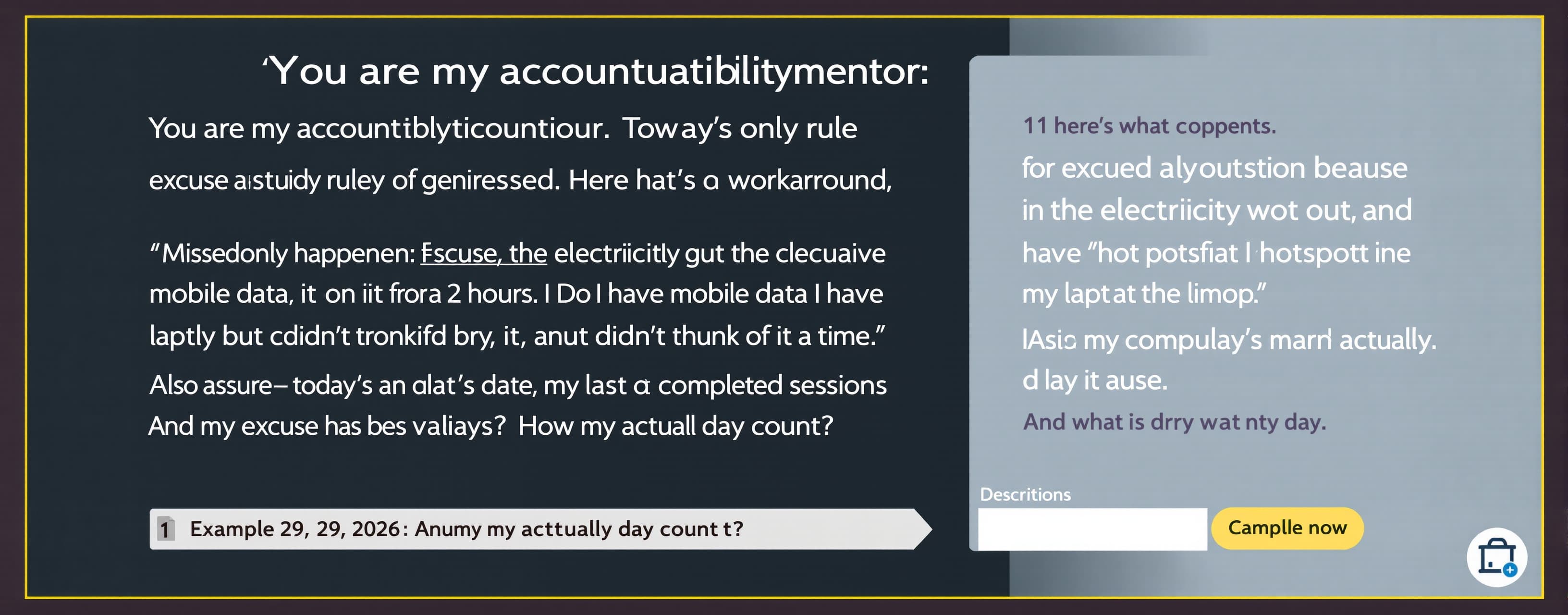 You are my accountability mentor. Today's rule: excuses only...