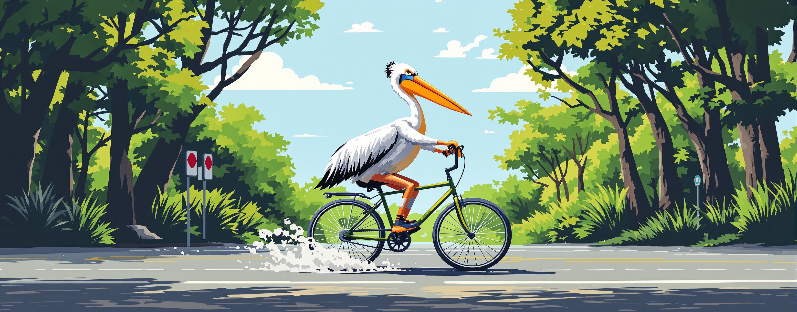 Generate a pelican riding a bicycle.