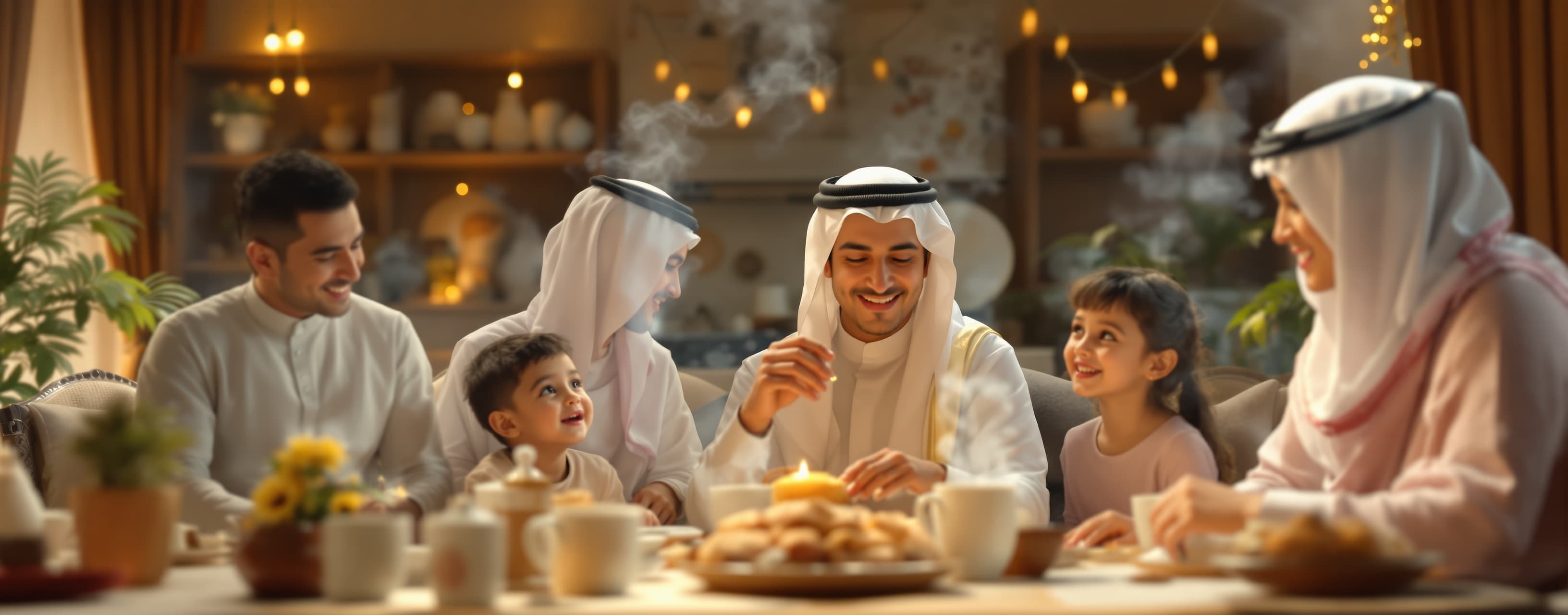 Animate this Saudi family gathering image into a warm cinema...
