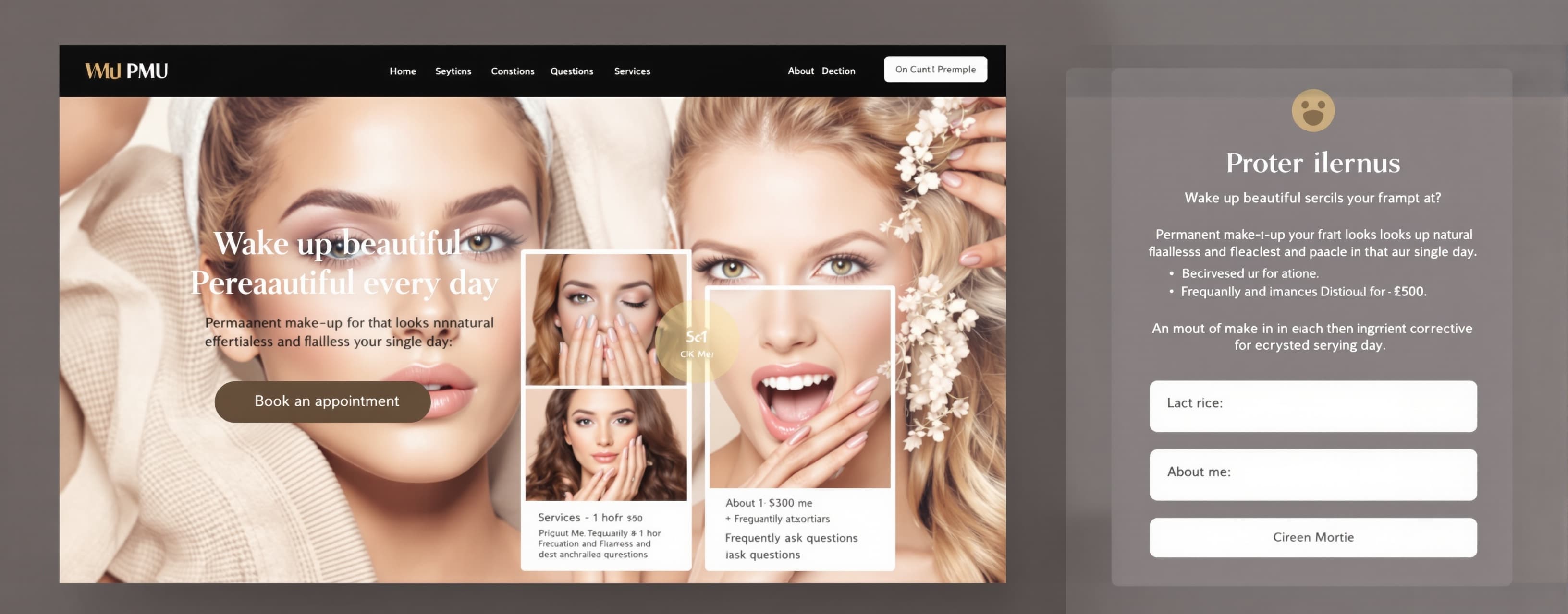 Build a premium, high-end landing page for a pmu artist in h...