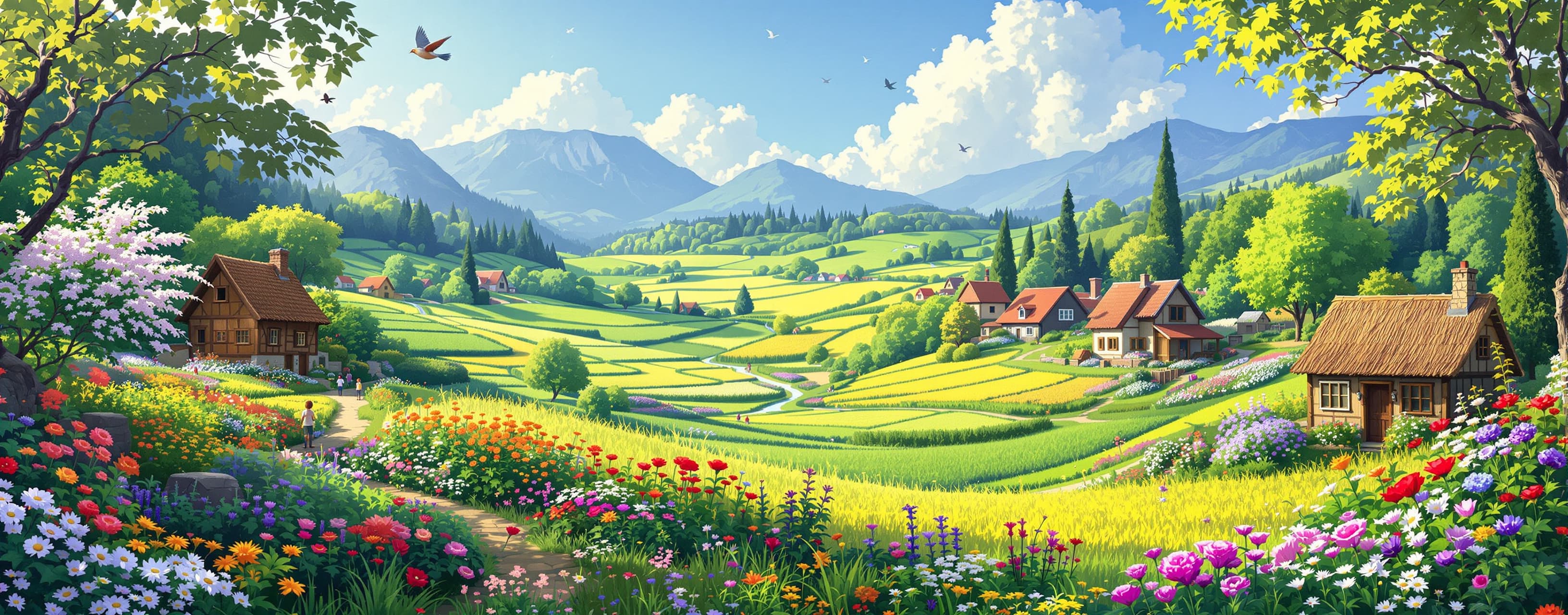 I want a image that include a Village with gardens and field...