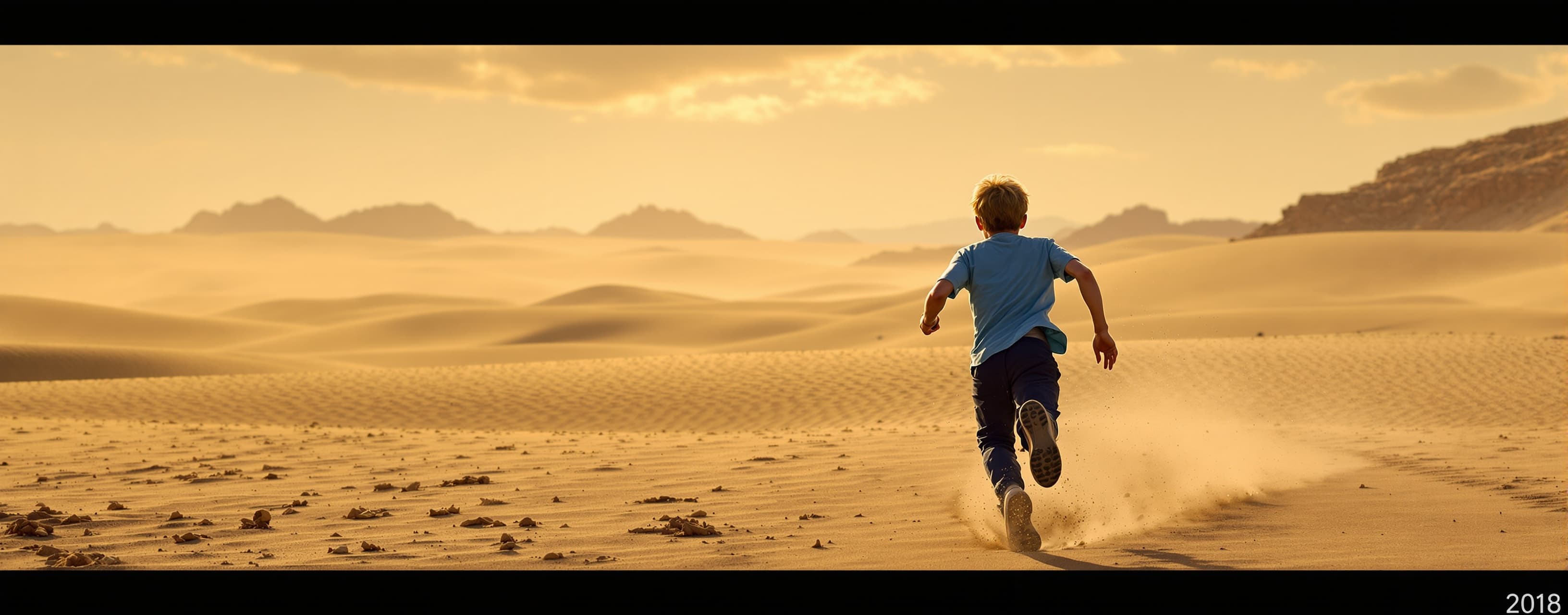 create a boy running in desert