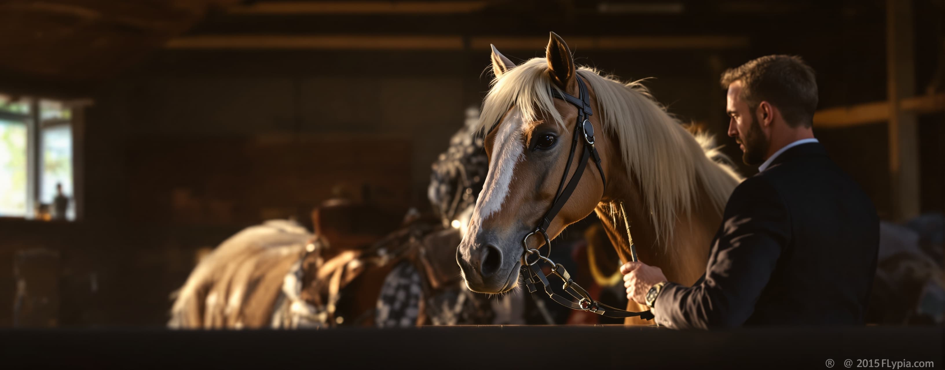 Create photorelatic world of man at horse explaining abou ma...