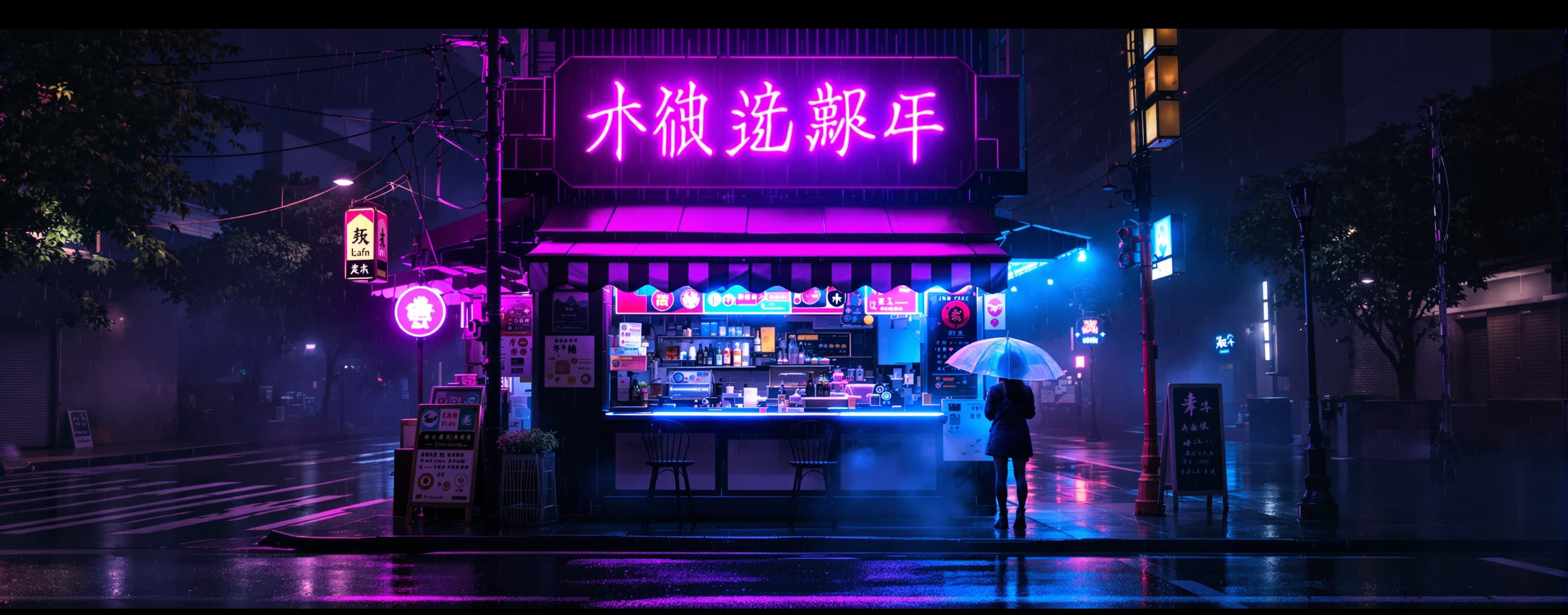 A cyberpunk street corner at night in the rain, a neon sign ...
