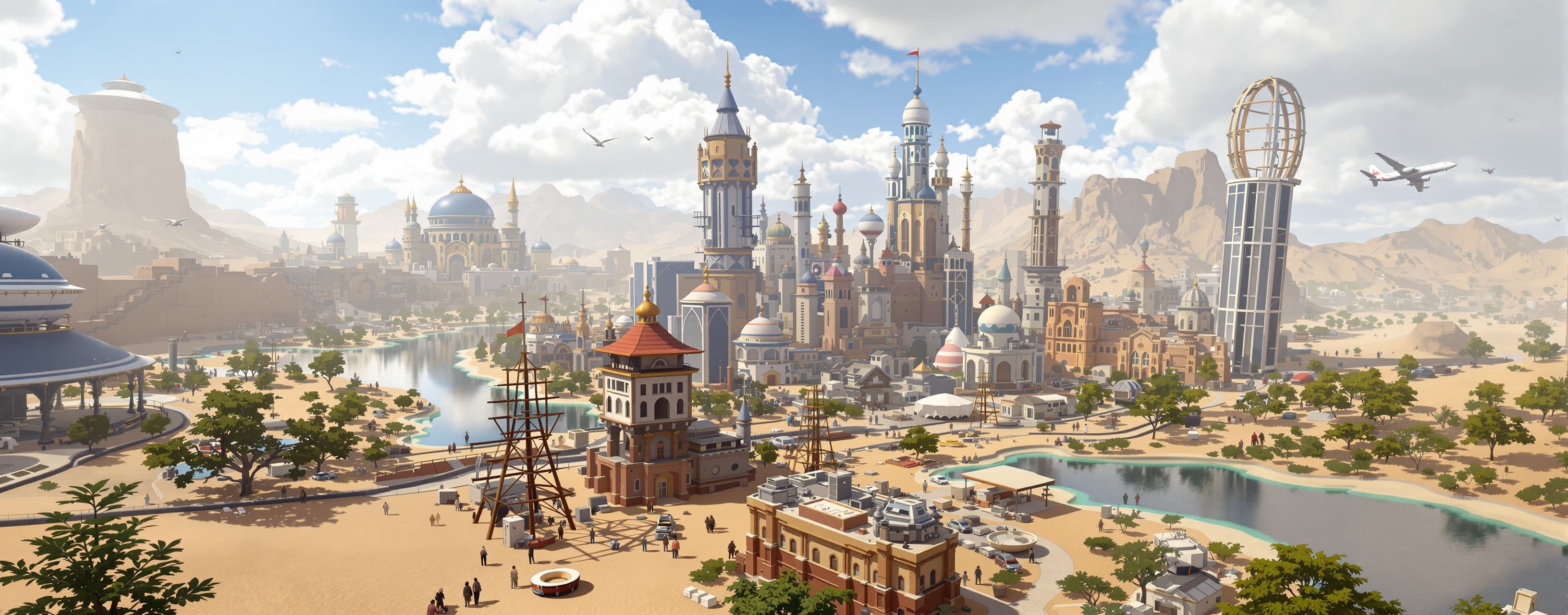 make a frutiger areo city with npc, terrain, lakes, rivers, ...