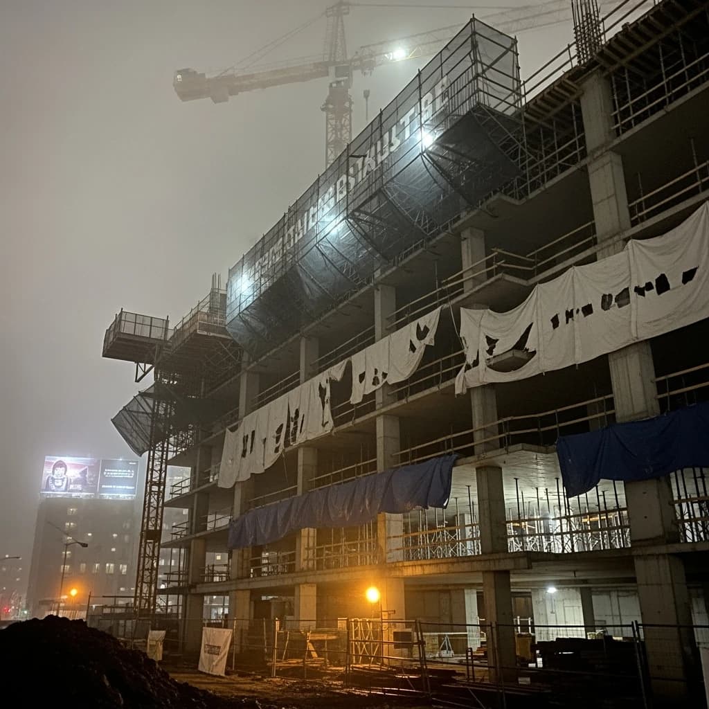 A construction site stretched upward into fog, cranes frozen in silhouette. Wind rattled scaffolding draped with torn mesh that glowed faintly from nearby billboards