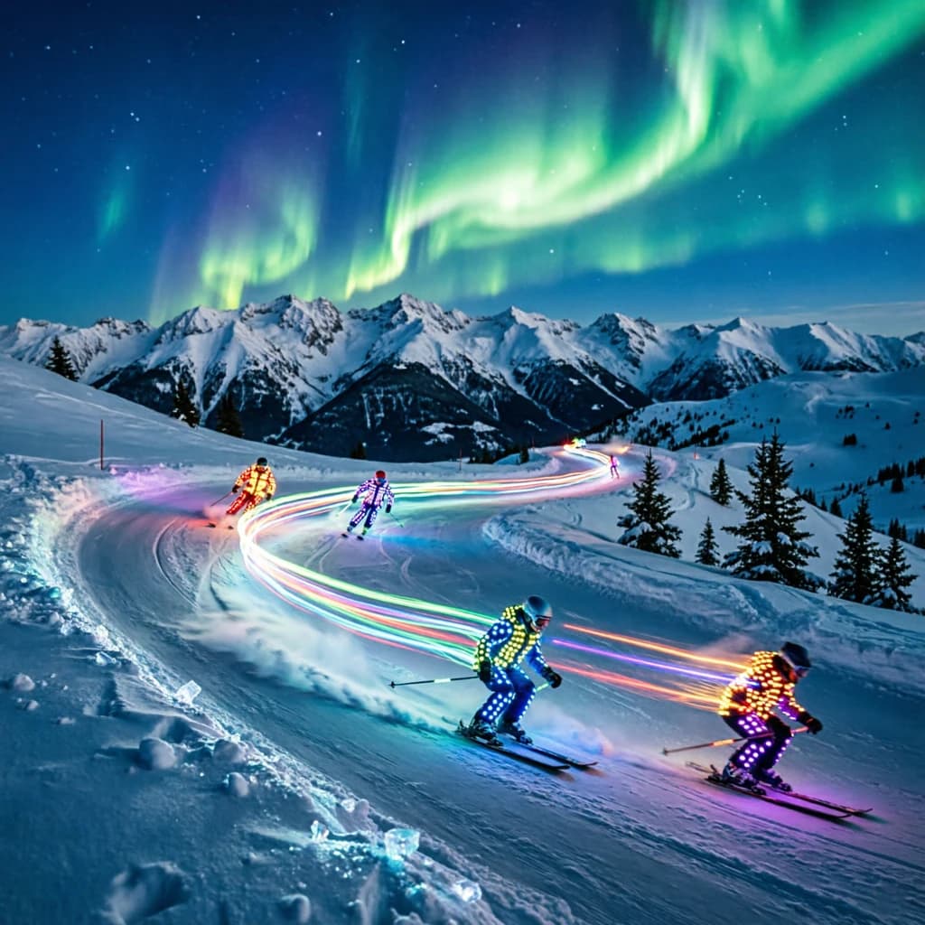 Coronet Peak Night Skiing: Skiers in colorful LED suits carve their way down the slopes of New Zealand's Coronet Peak under the Aurora Borealis, the skiers' light trails visible behind them