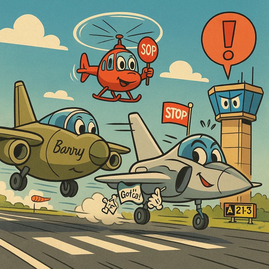 Almost at the runway, Fred the Fighter Jet is racing with Barry the Bomber to see who lands first. Fred has a mischievous trick up his sleeve but Hermione the Helicopter is going to stop him before he gets the chance. The control tower is very angry and has a big exclamation mark. Hand drawn cel look