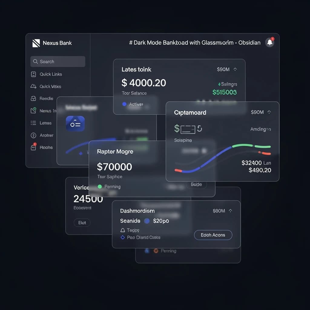 Dark mode banking dashboard with glassmorphism.