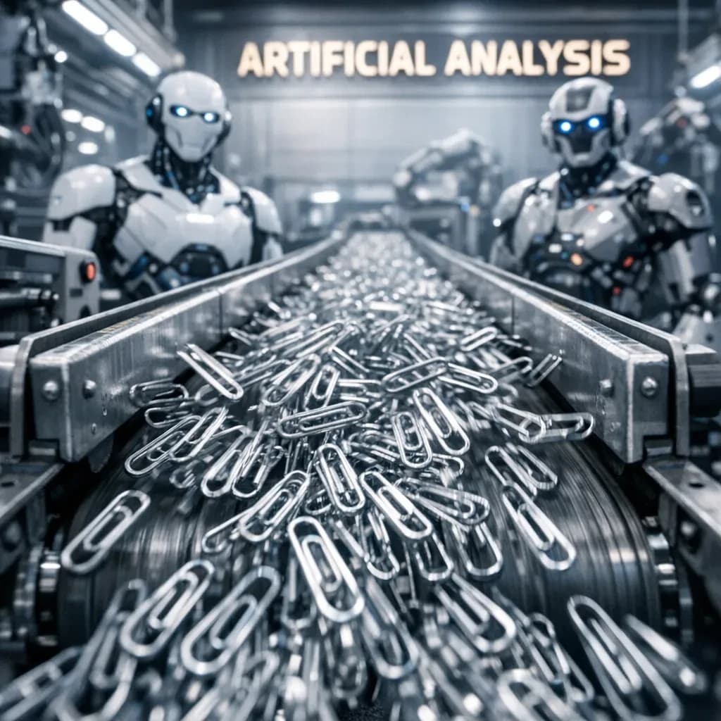 Close up point of view perspective on a conveyor belt pumping out paperclips at a maddening pace. The high tech factory has Artificial Analysis printed proudly on the wall. Robot staff look approvingly over the robust output.